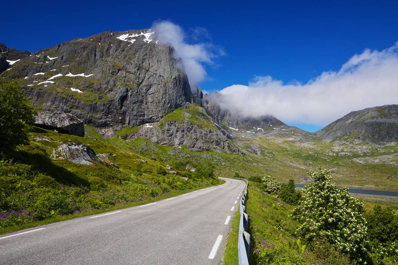Road on Lofoten islands in Norway with dramatic landscape