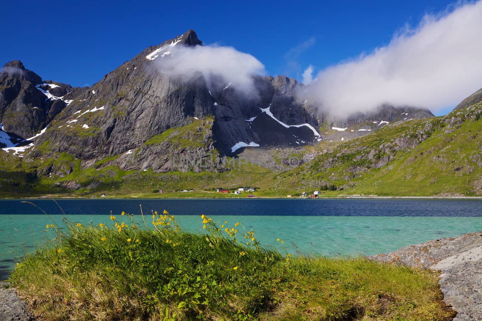 Sunny fjord on Lofoten islands in Norway during arctic summer
