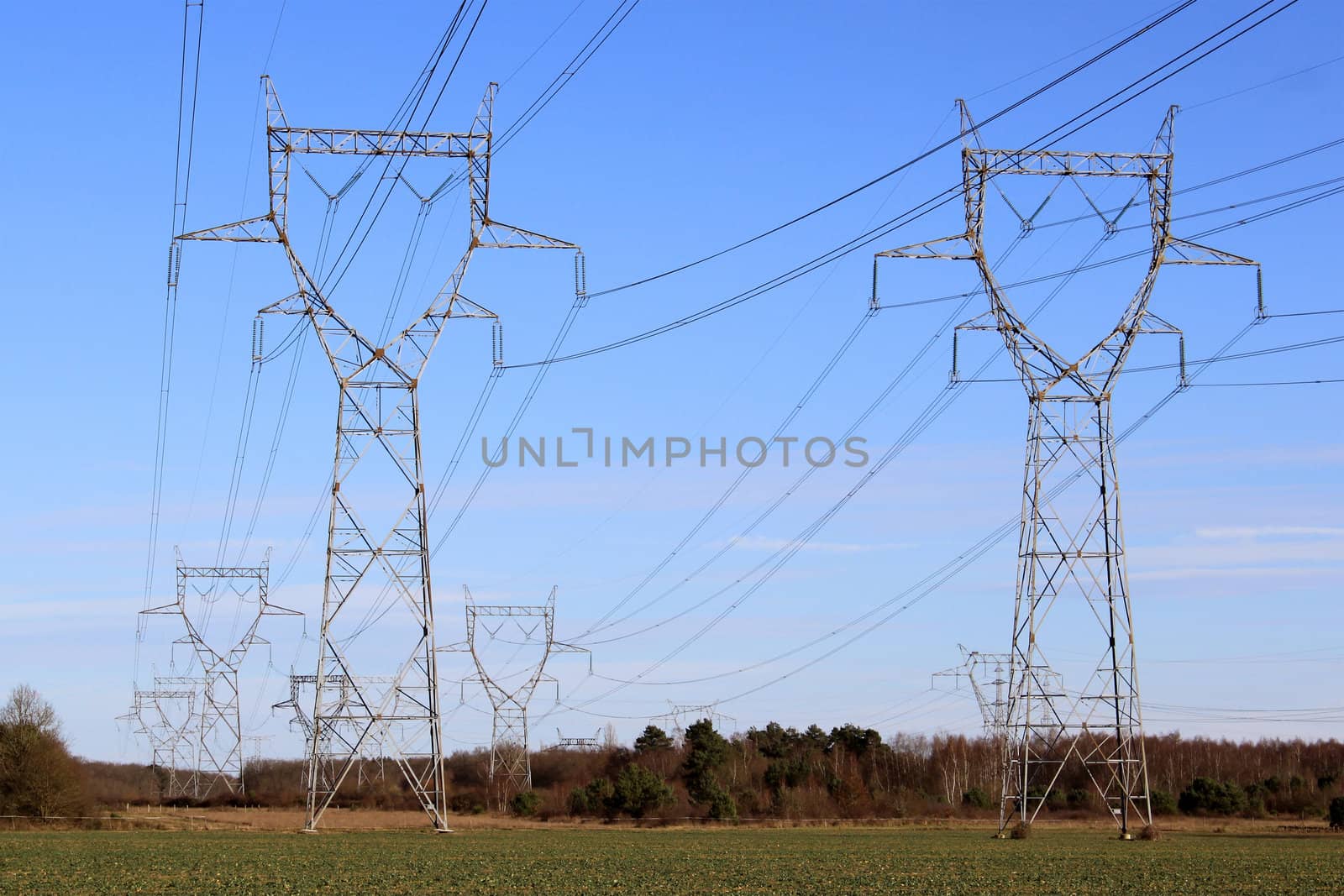 A row of electricity pylons in a field for a nuclear power