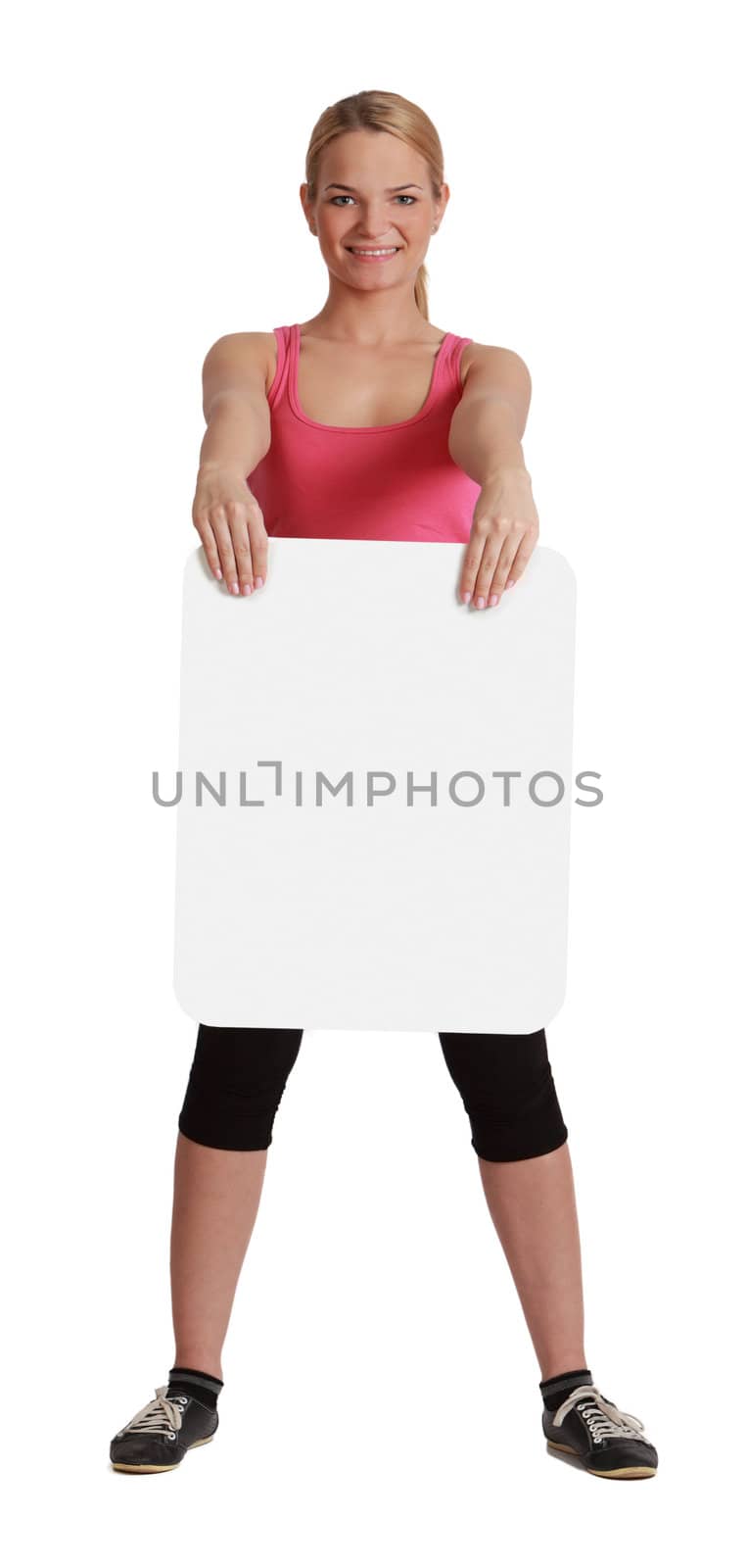 A young woman  holding an empty white bill board against a white background.