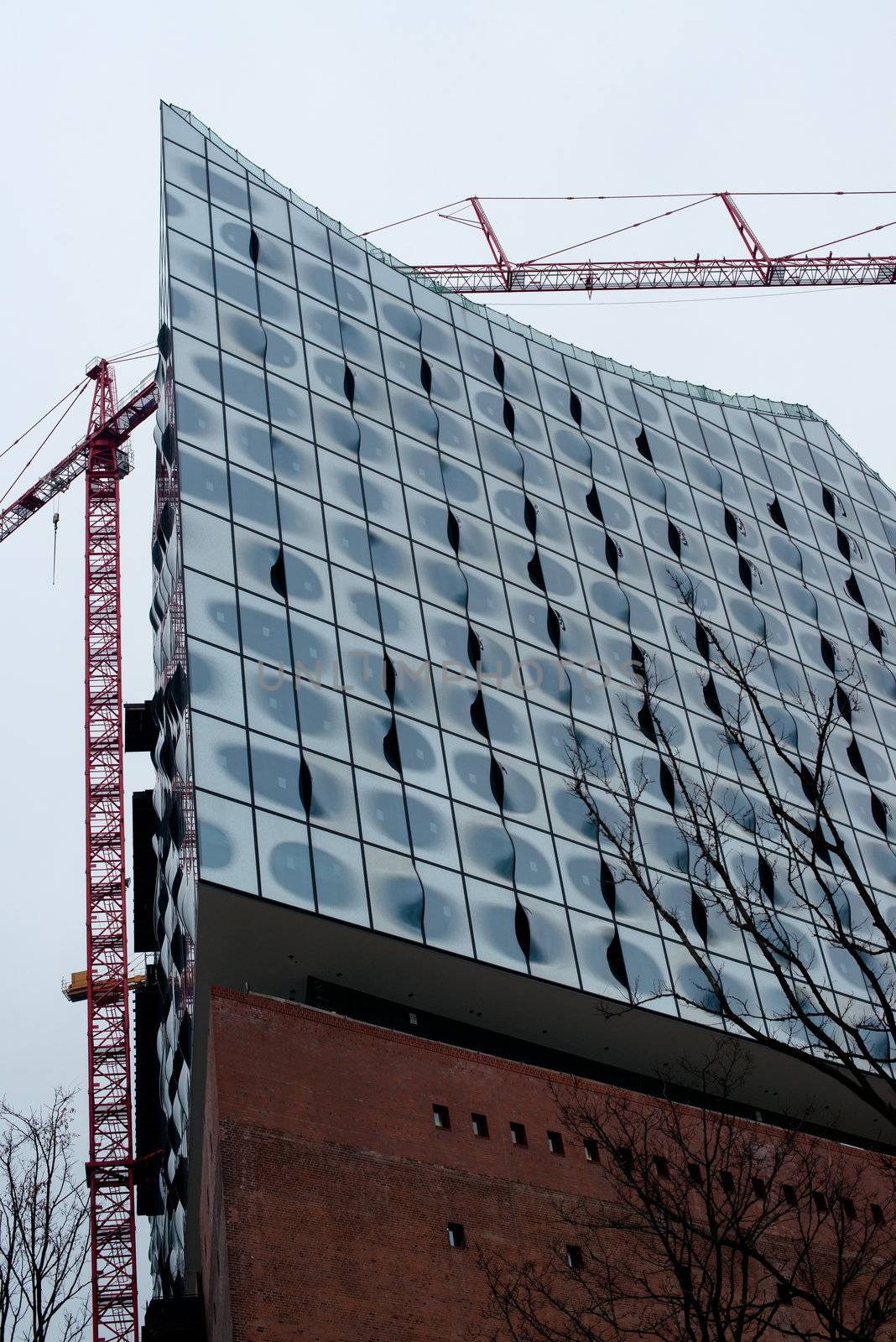 Construction site of Hamburg Elbphilharmonie (the new philharmonic building) in harbour area Speicherstadt in Hamburg, Germany.