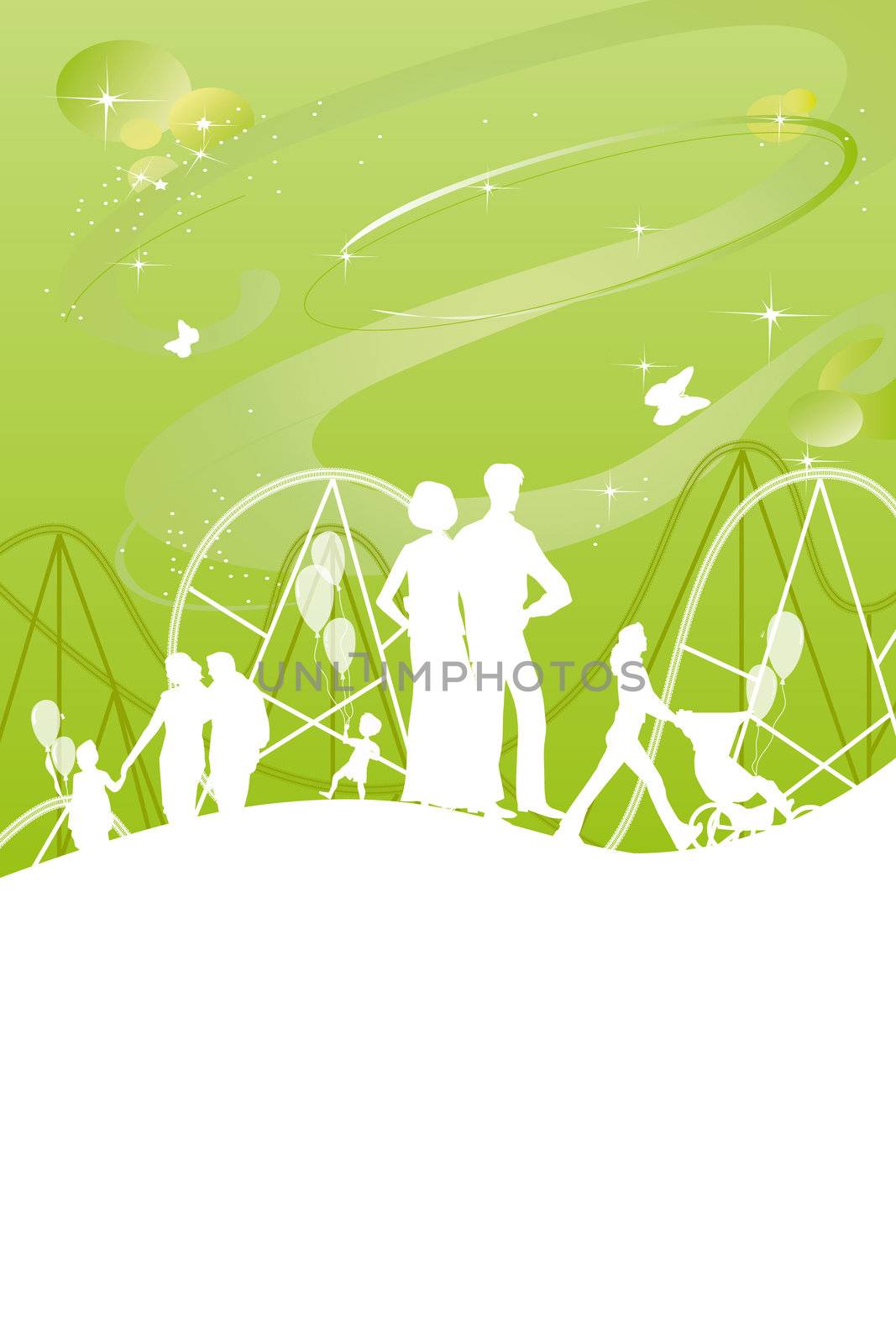 drawing of a theme park with rides and festivities for families with children playing ball near a big 8