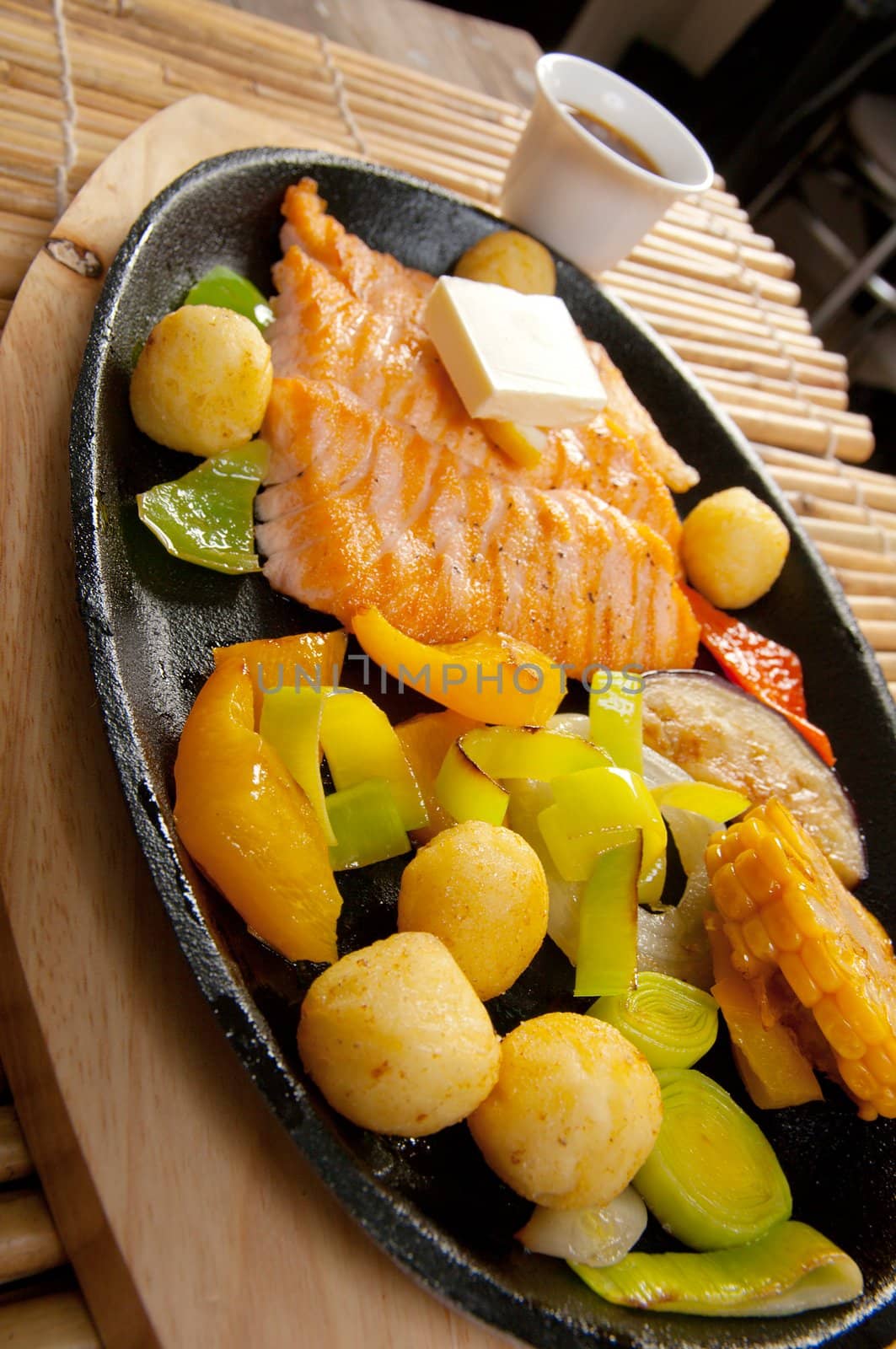 Japanese cuisine .Salmon Steak with Vegetable 