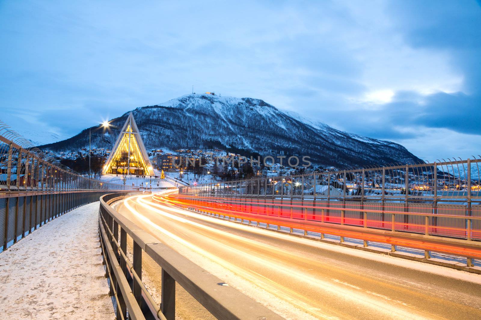 Tromso Arctic Cathedral Church in Norway at dusk twilight