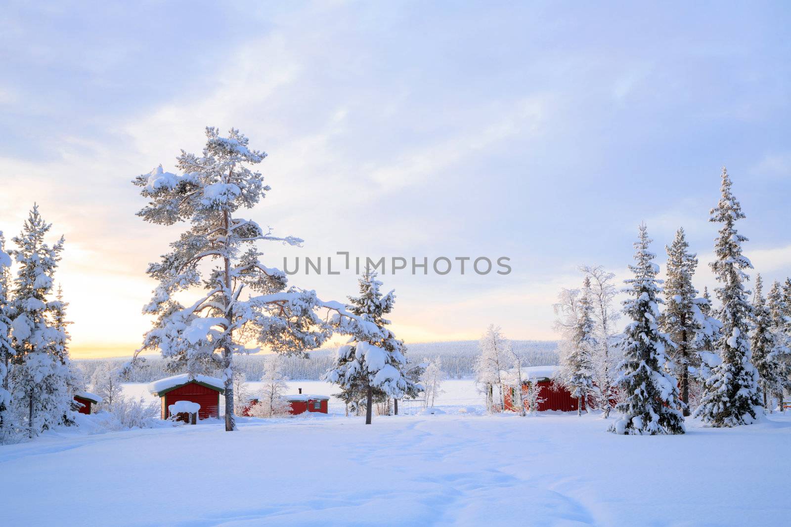 Winter landscape with house at Kiruna Sweden lapland