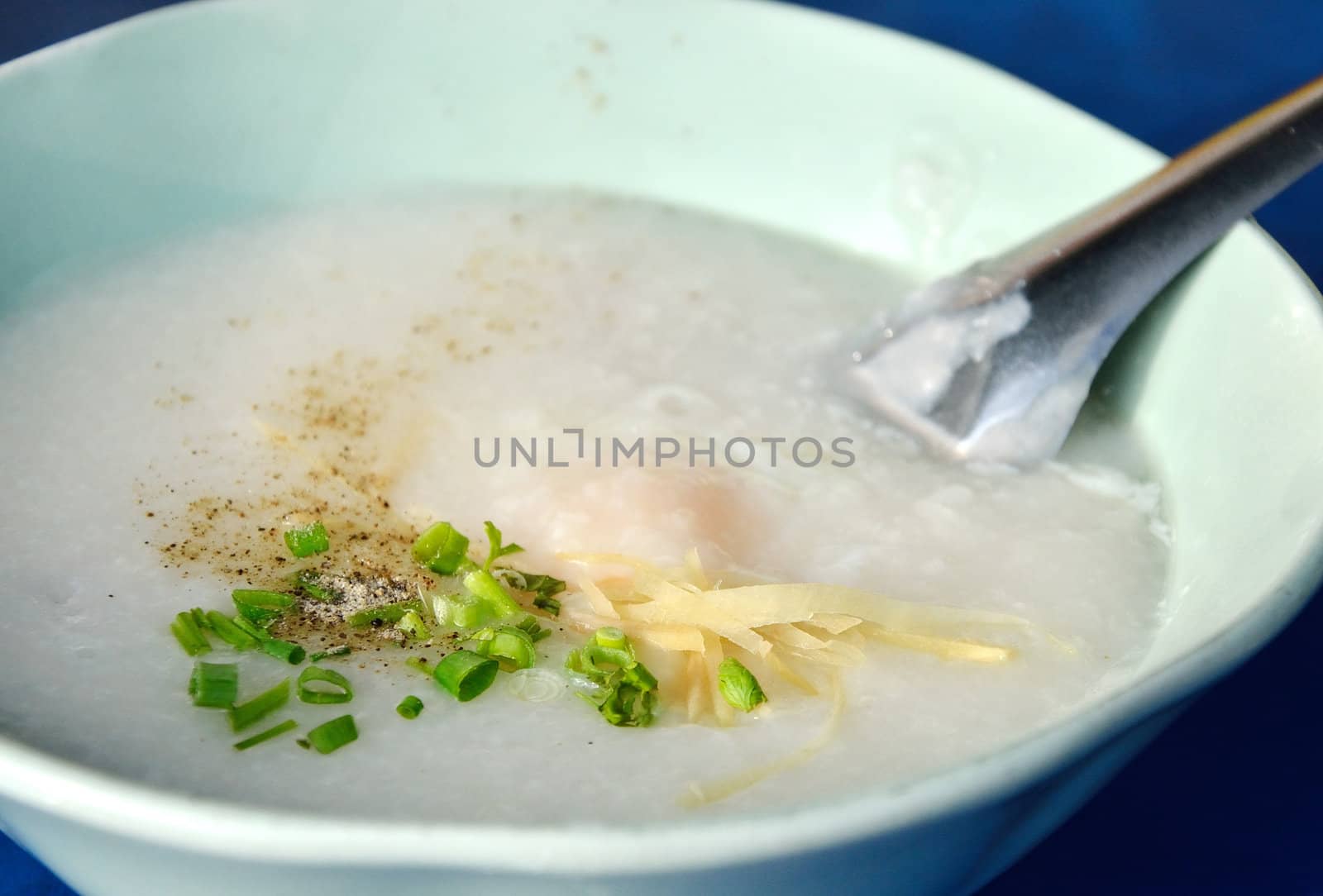 Rice gruel with egg close up, Healthy eating 