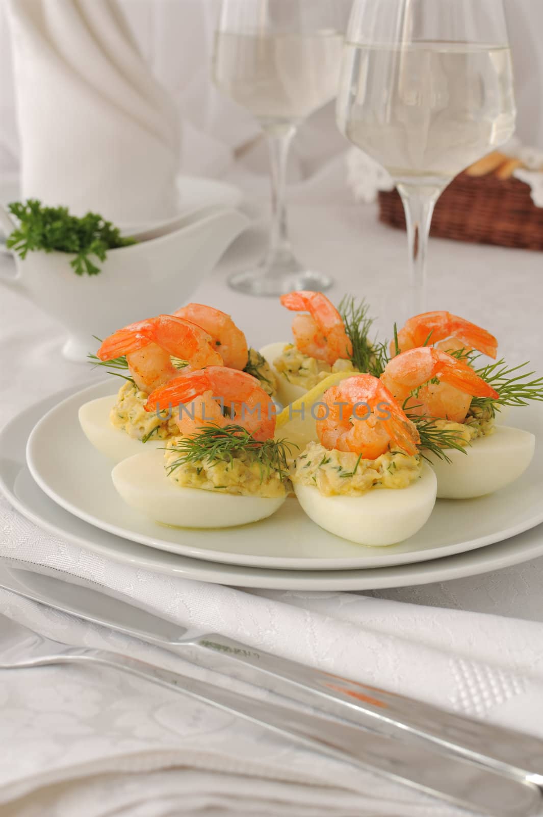 eggs stuffed with spicy stuffing with grilled shrimp