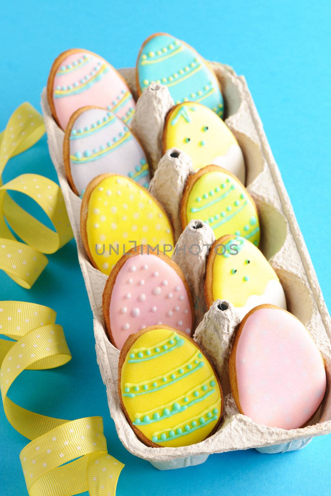 Easter homemade gingerbread cookie over blue