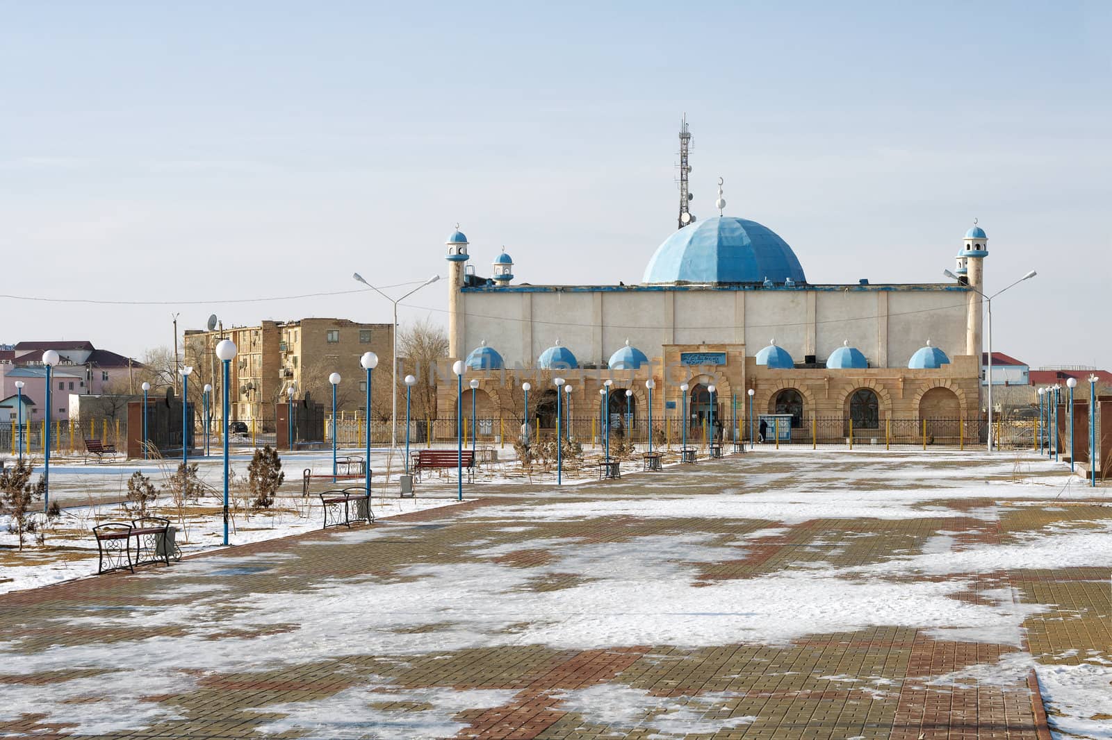 View of the mosque in the winter in Zhanaozen.