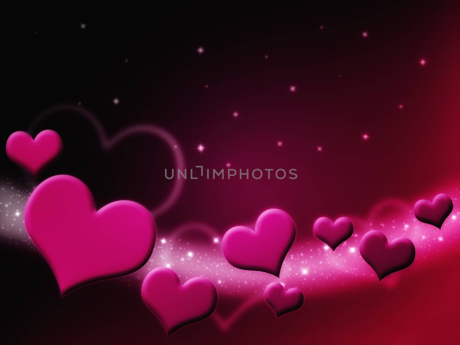 Valentines Day Card with pink Hearts and stars on starry background
