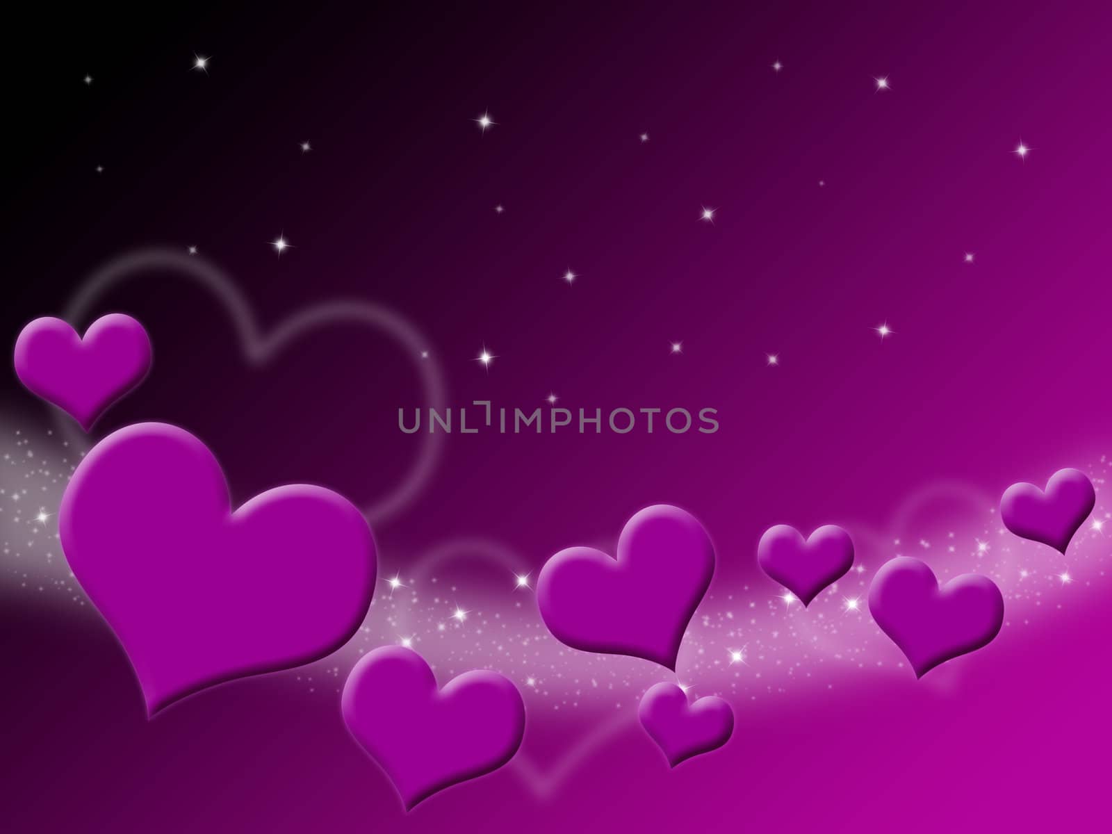 Valentines Day Card with purple Hearts and stars on starry background
