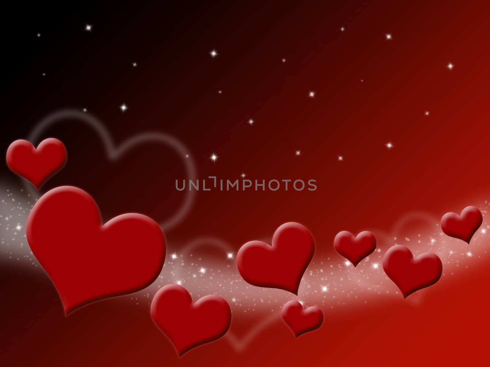 Valentines Day Card with red Hearts and stars on starry background
