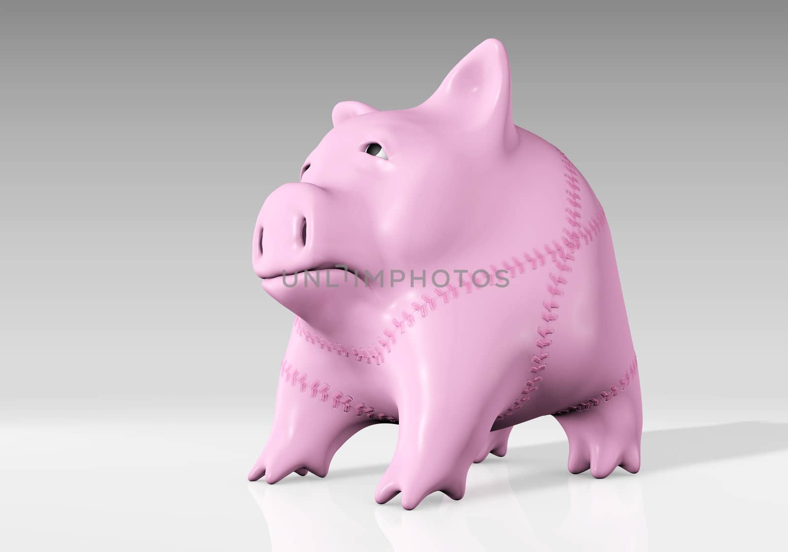 a sad and pink piggy bank full of conspicuous seams is watching towards the upside looking for a sign of compassion