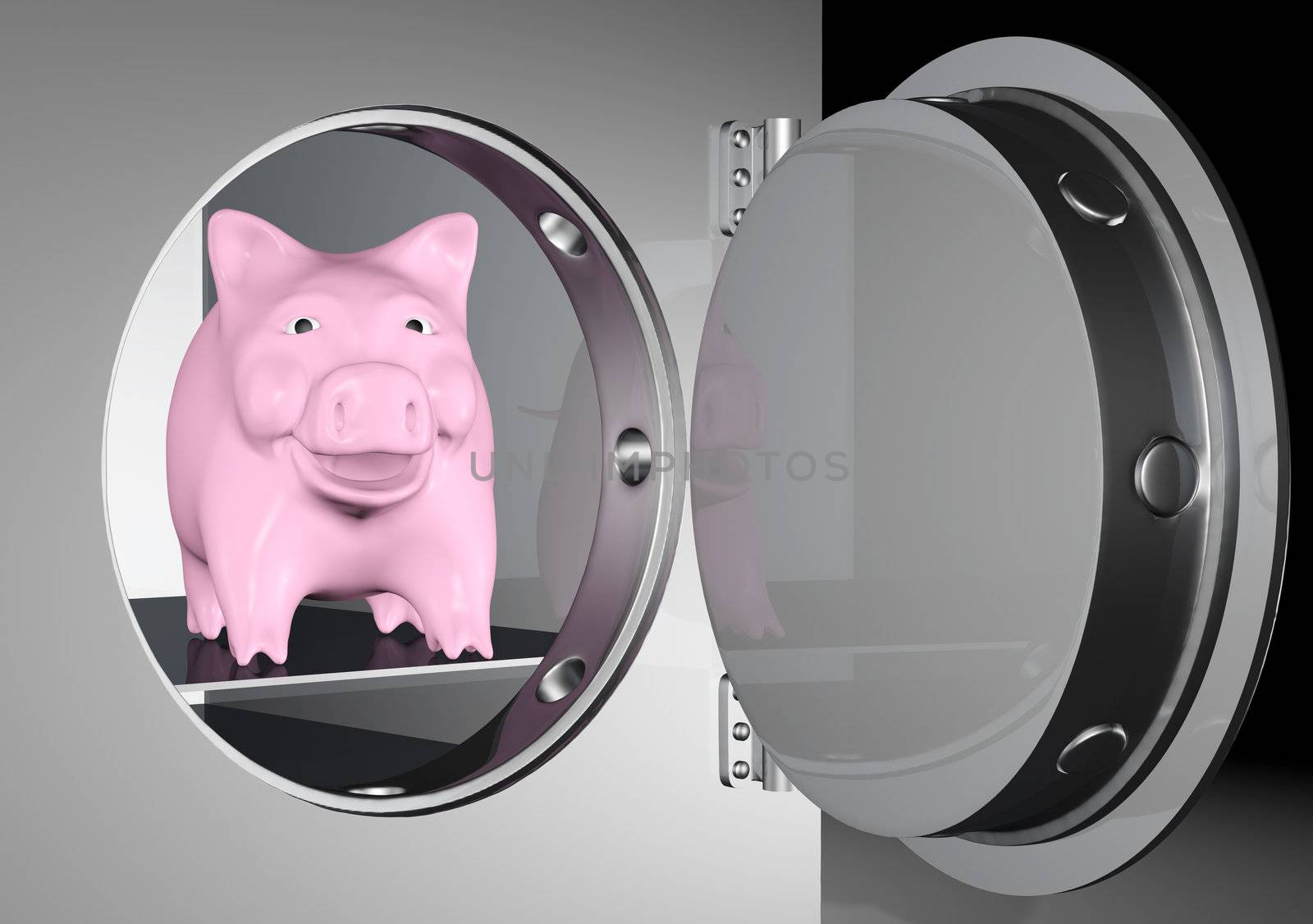 a pink piggy bank is smiling from inside a heavy metal safe with a circular door on a dark background