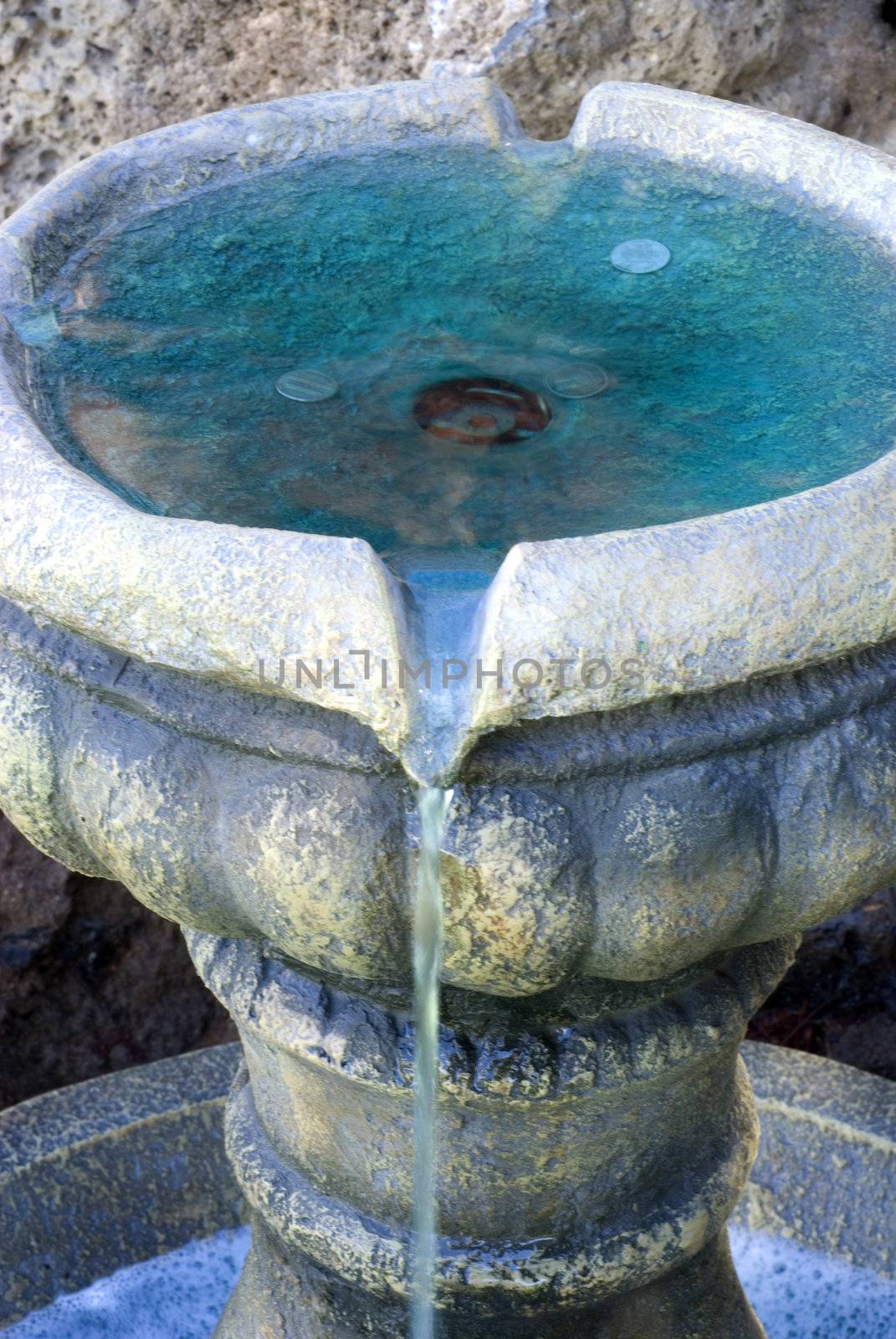 Vertical close up shot of coins in a small fountain/water feature.