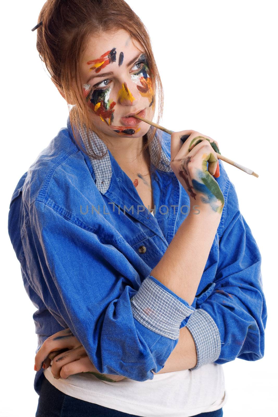 Beautiful girl with brushes. Isolated on white background.