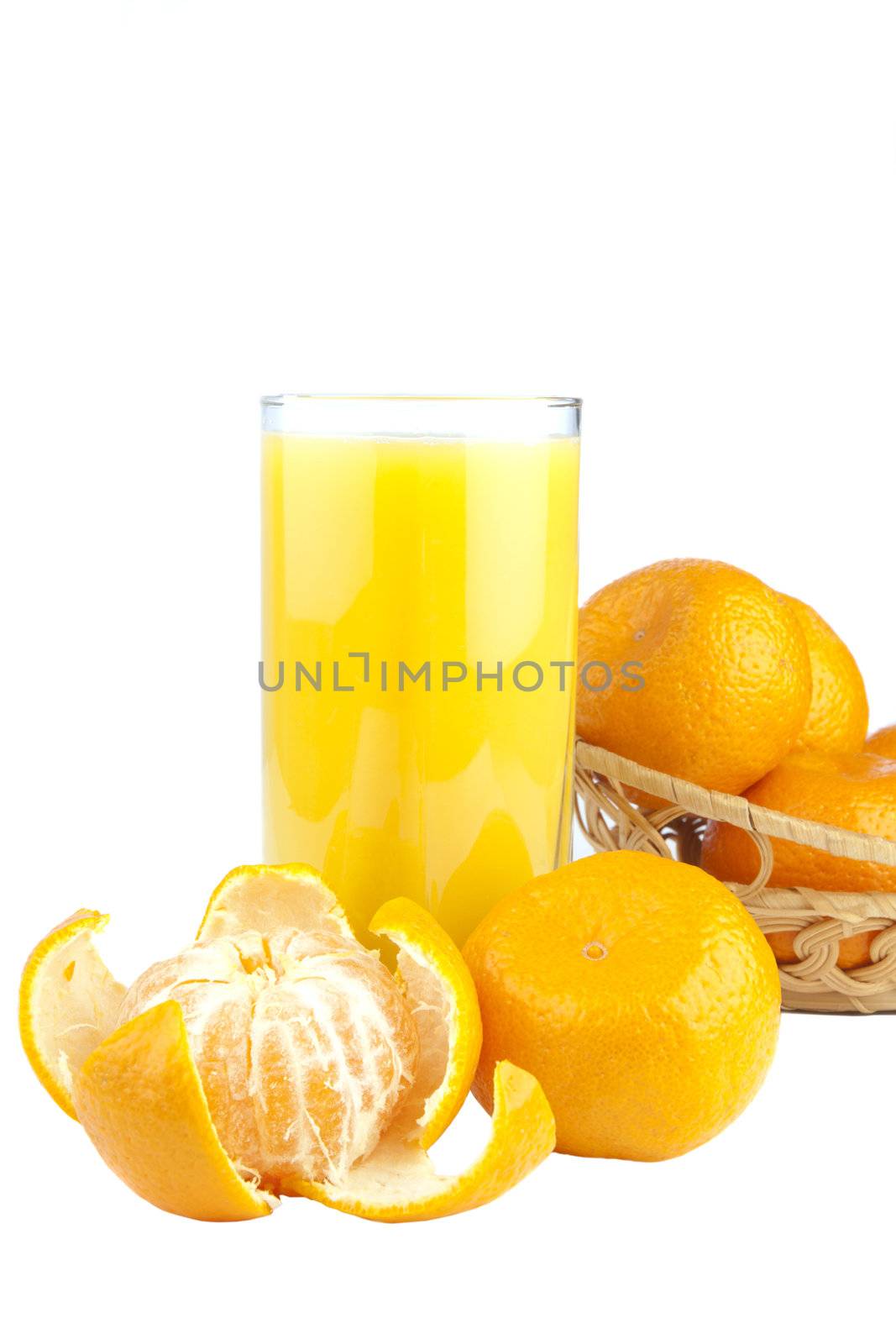 Tangerines and juice glass isolated on white background by DGolbay
