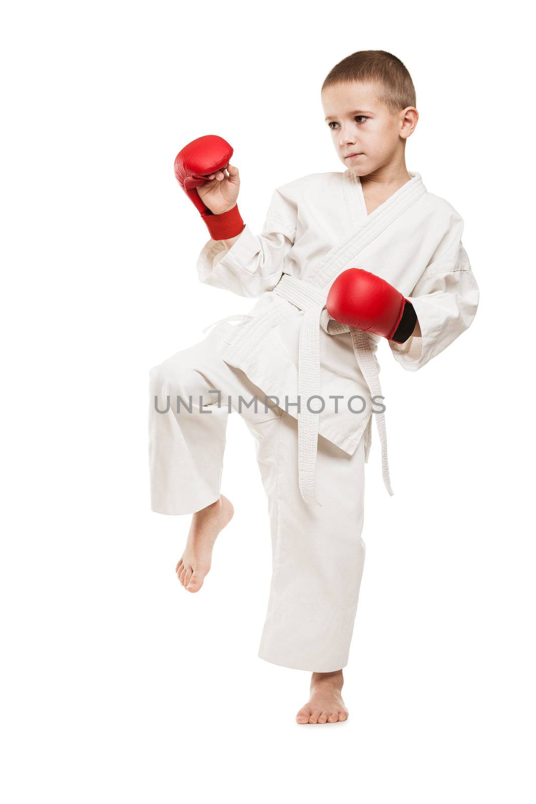 Martial art sport - child boy in white kimono training karate punch or kick