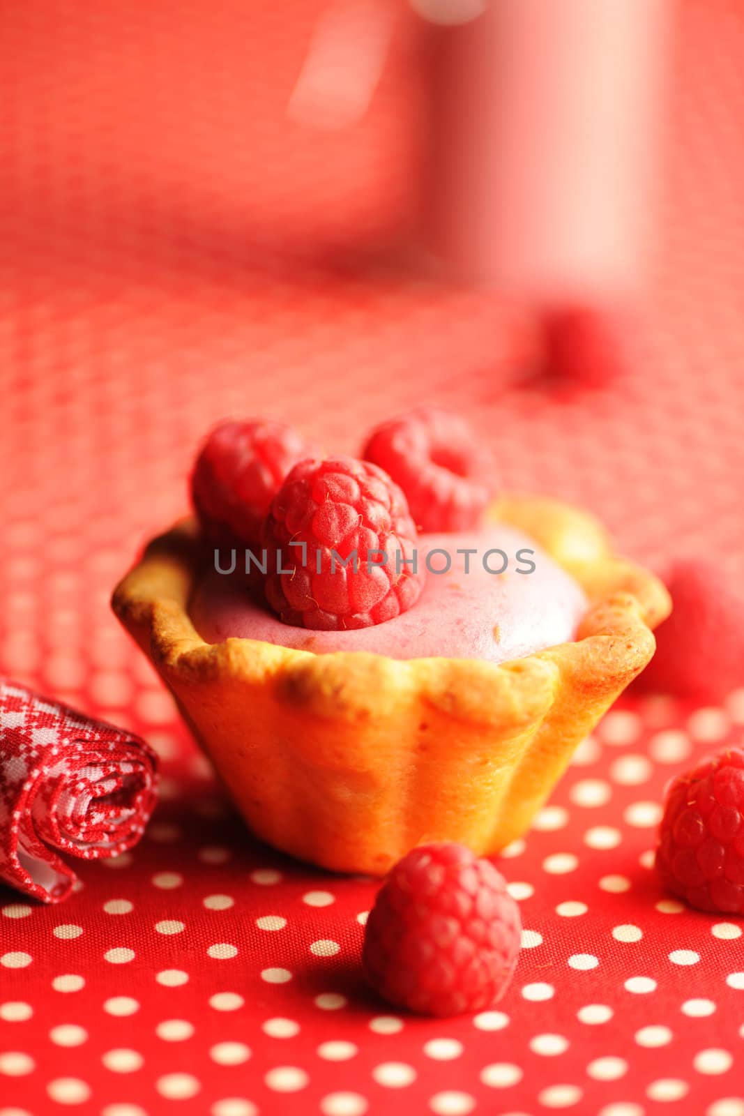 Cake with raspberry yogurt dessert with shallow DOF