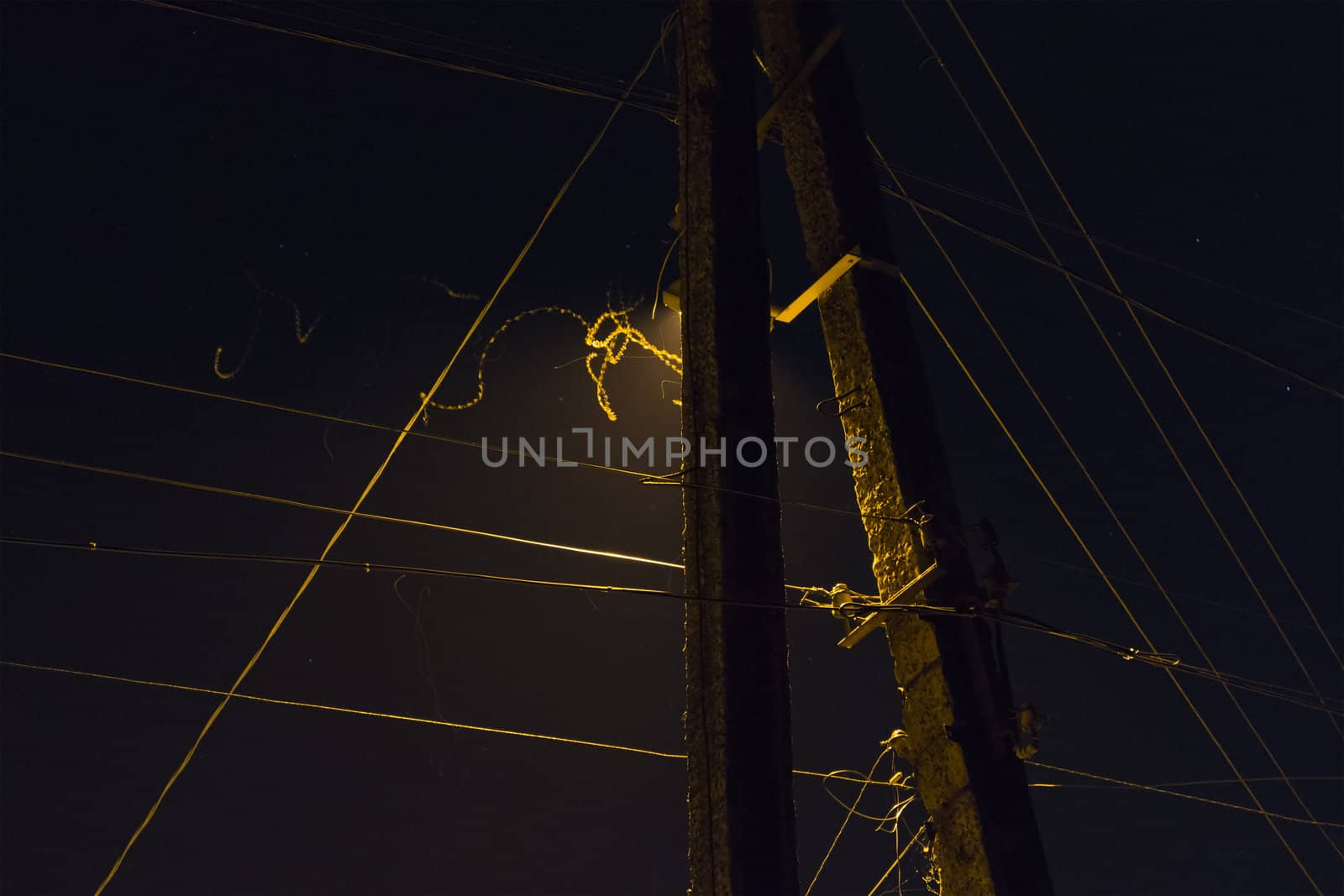 Image power pole with electrical wires, with street lamp and flight paths of moths at night.