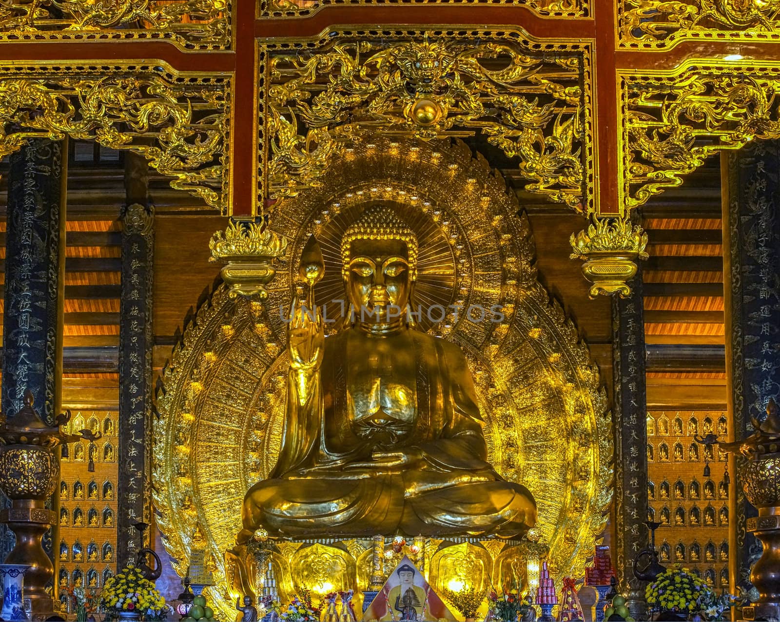 Vietnam Chua Bai Dinh Pagoda: Giant Golden Buddha statue in temp by Claudine