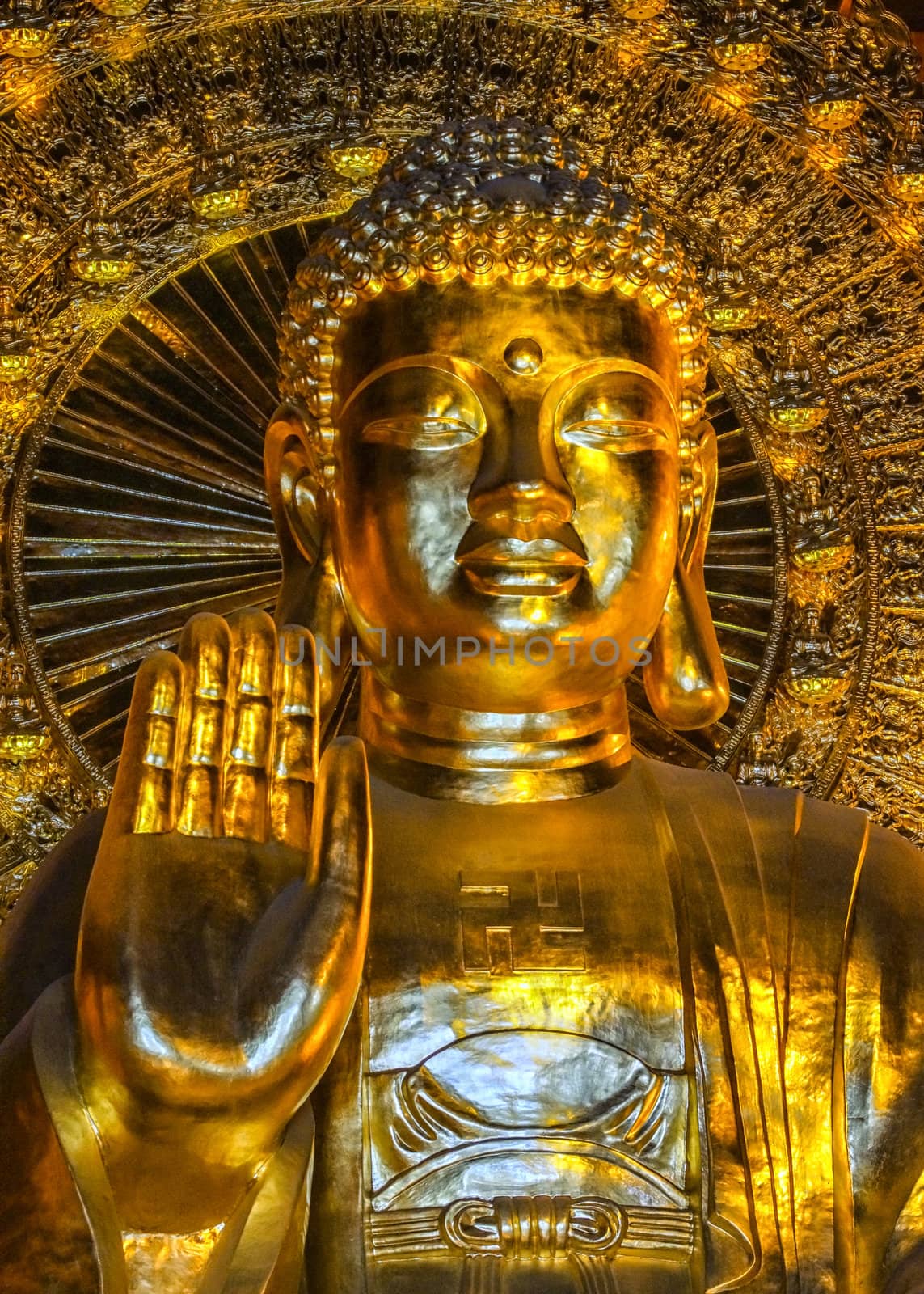 Vietnam Chua Bai Dinh Pagoda: Close up bust Giant Golden Buddha by Claudine