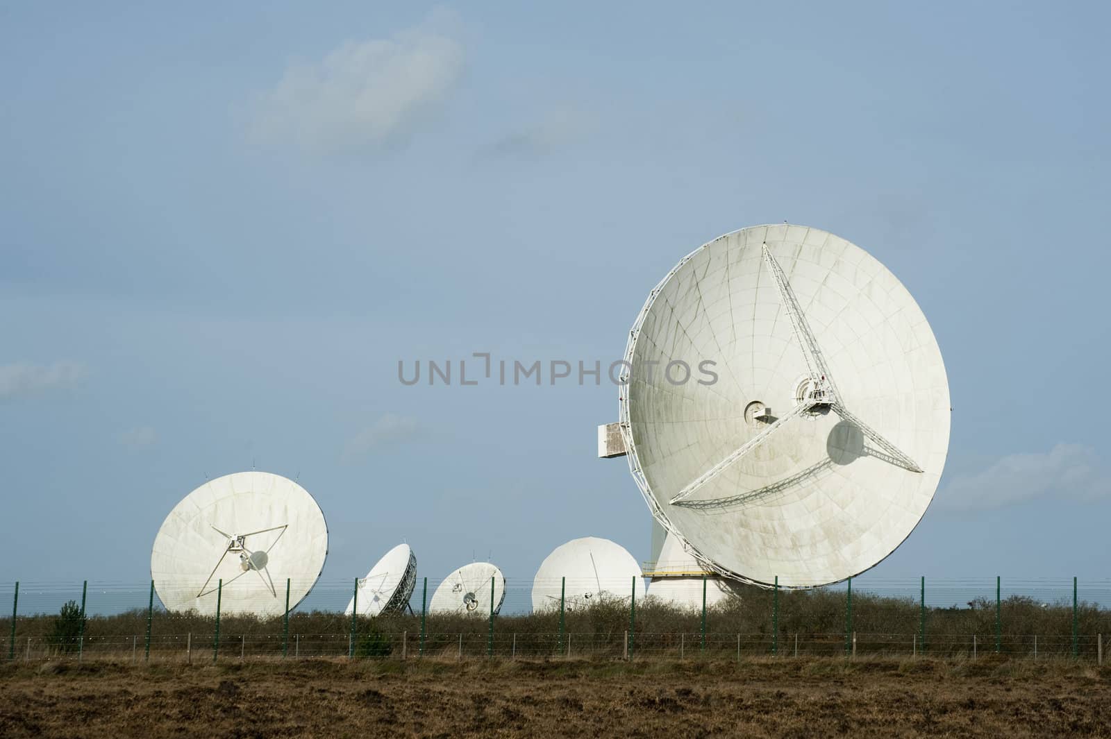 View of the large parabolic satellite antennas at the Goonhilly Earth Station, Lizard Peninsula, Cornwall which houses a historic parabolic dish called Arthur