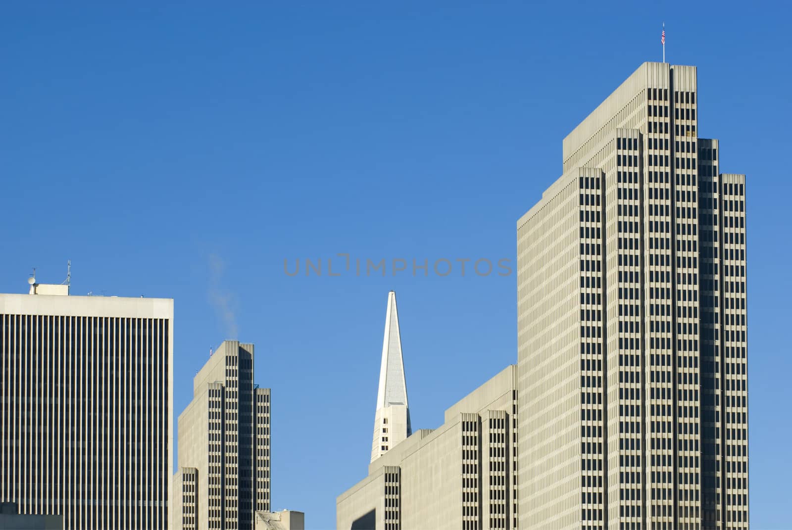 roof shapes of downtown san francisco, transamerica building and the embacadero centre