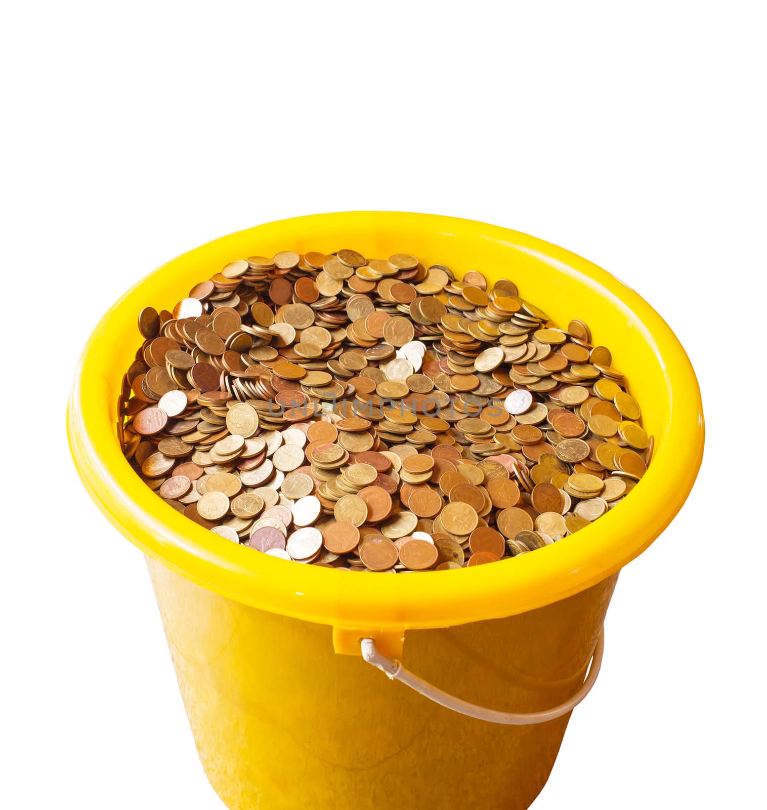 Bucket with money on white background