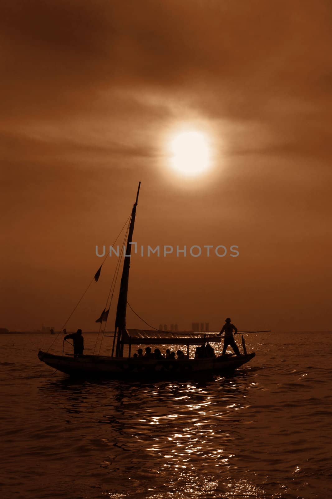 Silhouette of a fisherman boat in Jakarta, Indonesia.