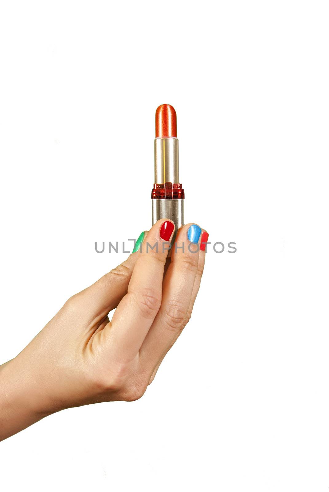 Woman hand holding red lipstick over white