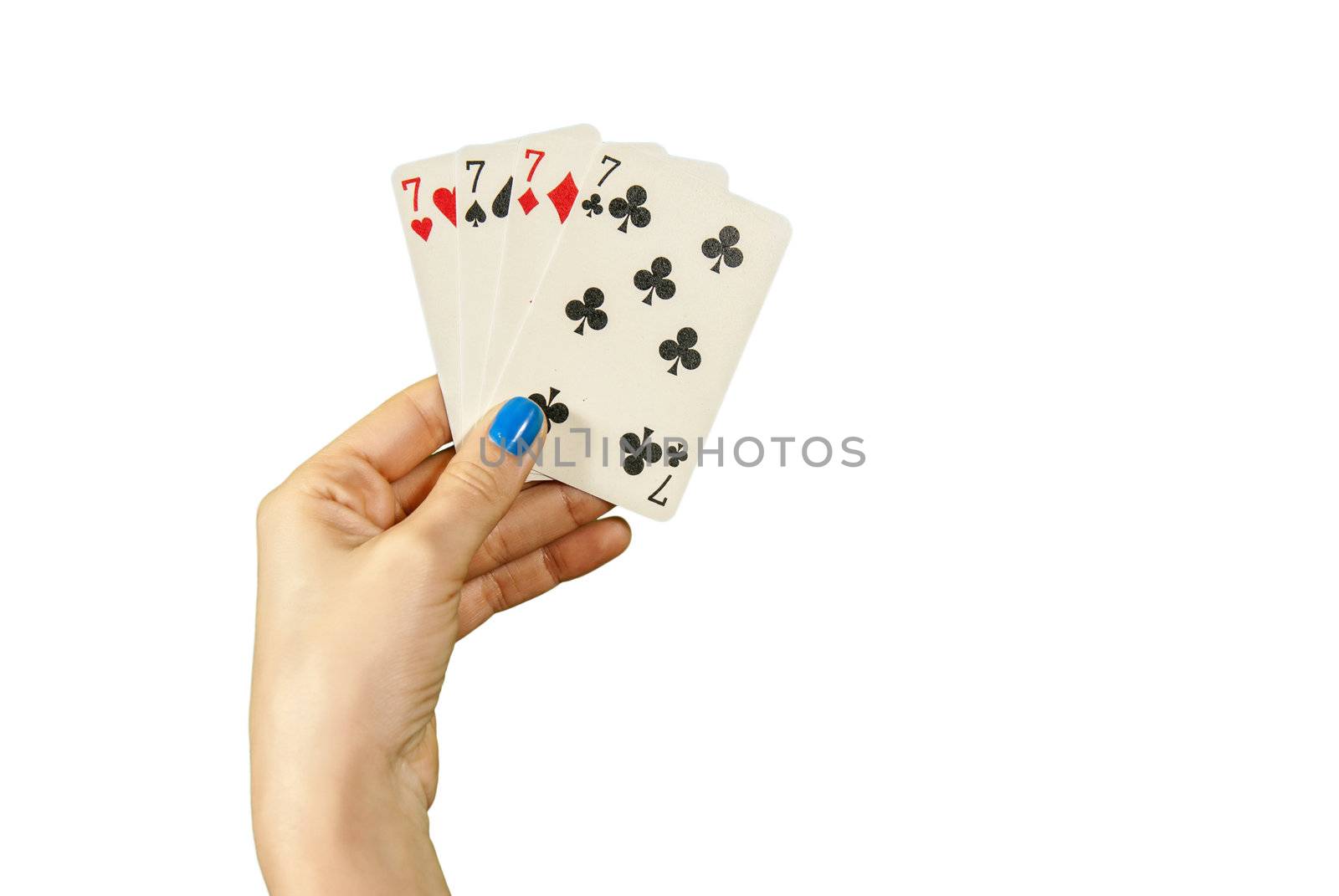 A hand holding 4 Lucky seven over white