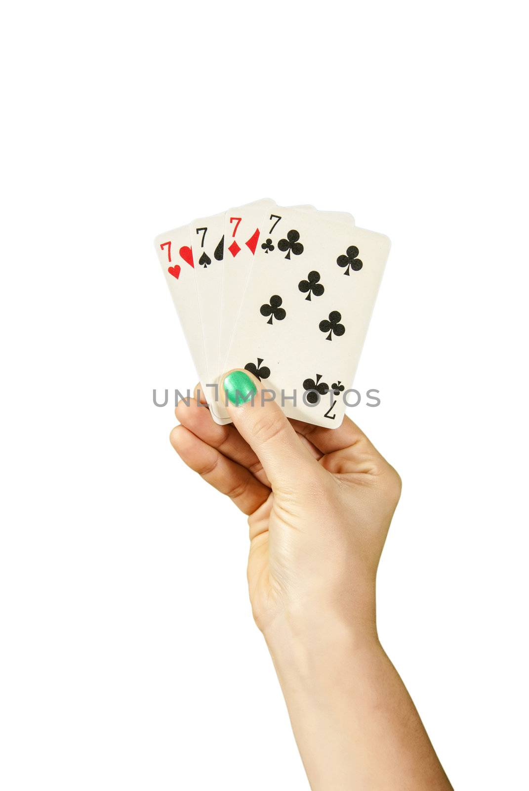 A hand holding 4 Lucky seven over white