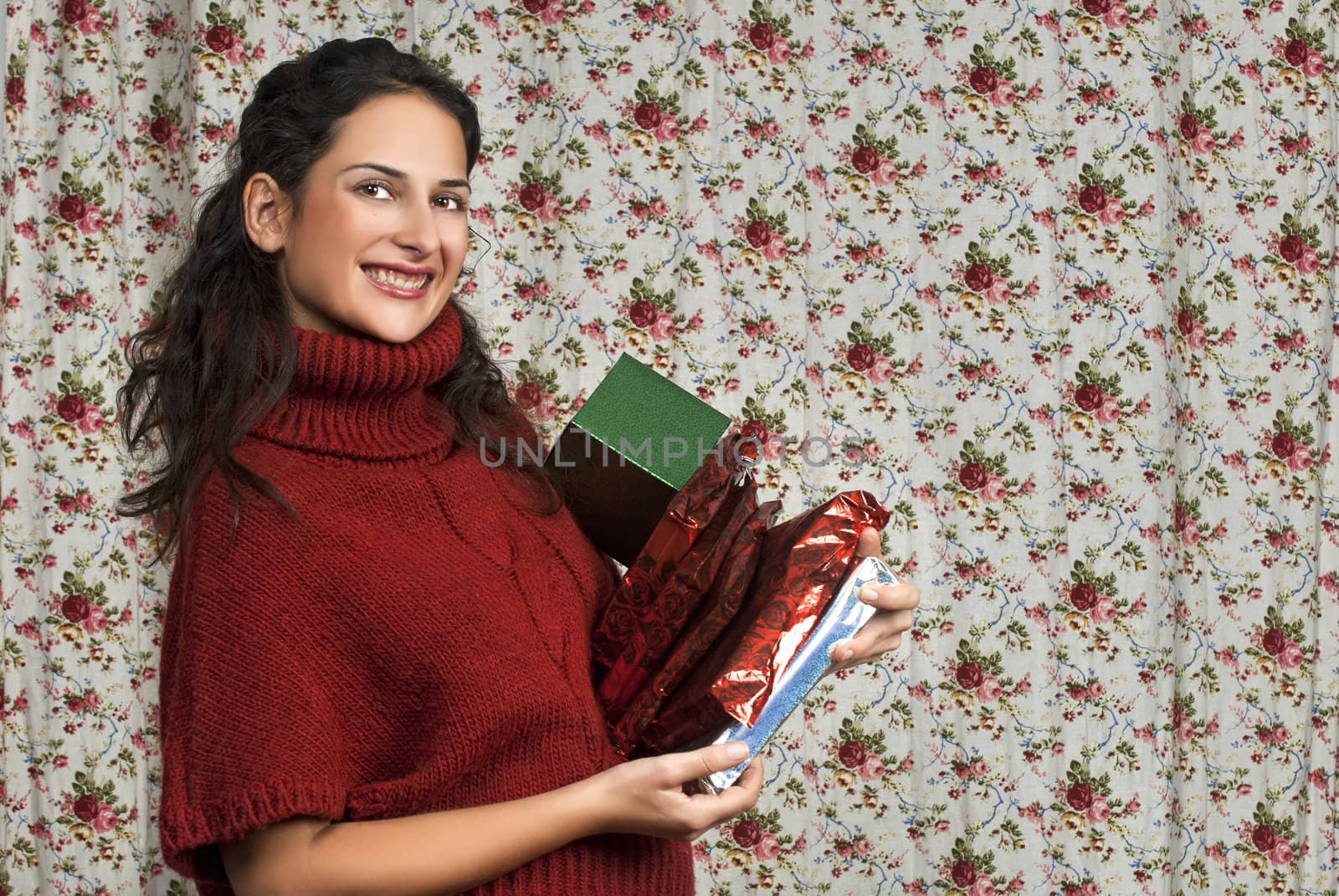 Woman in red over colorful floral background