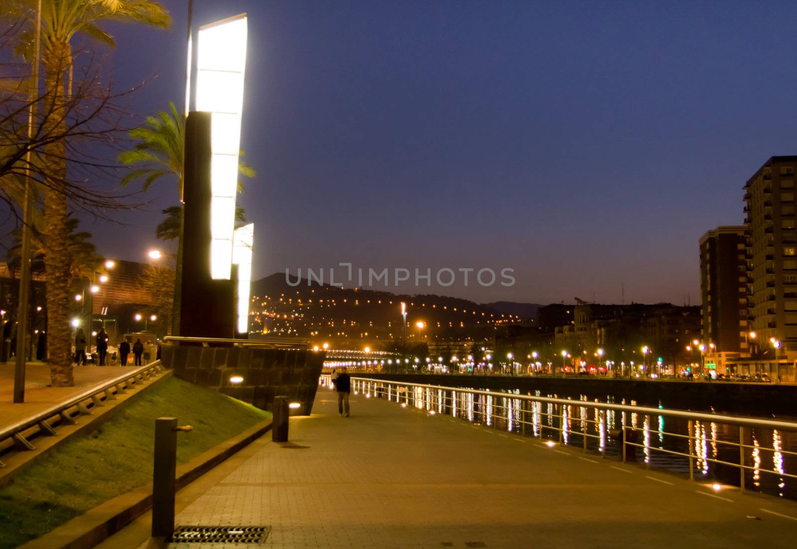 Bilbao river promenade at night by doble.d
