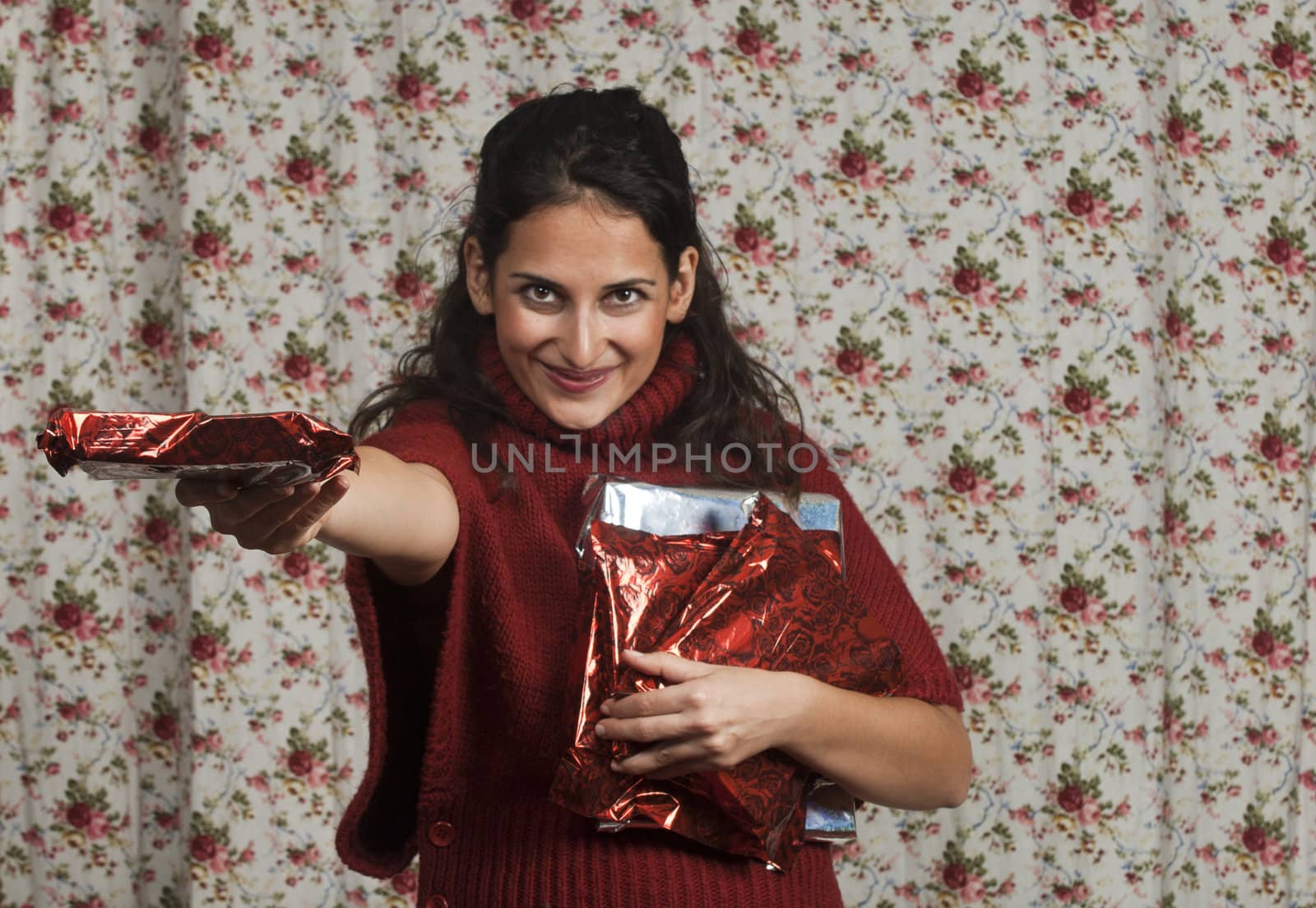 Woman in red over colorful floral background