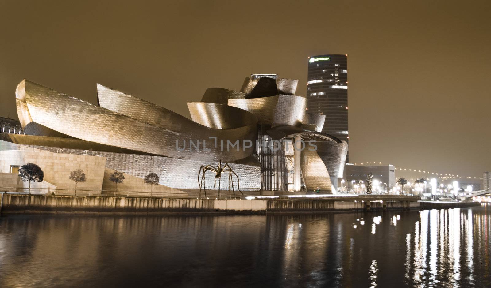 Nightview of the Guggenheim Museum of Contemporary Art, in Bilbao, Spain, on April 02, 2012. The Guggenheim museum was designed by Canadian-American architect Frank Gehry, an it´s dedicated  exhibition of modern art.