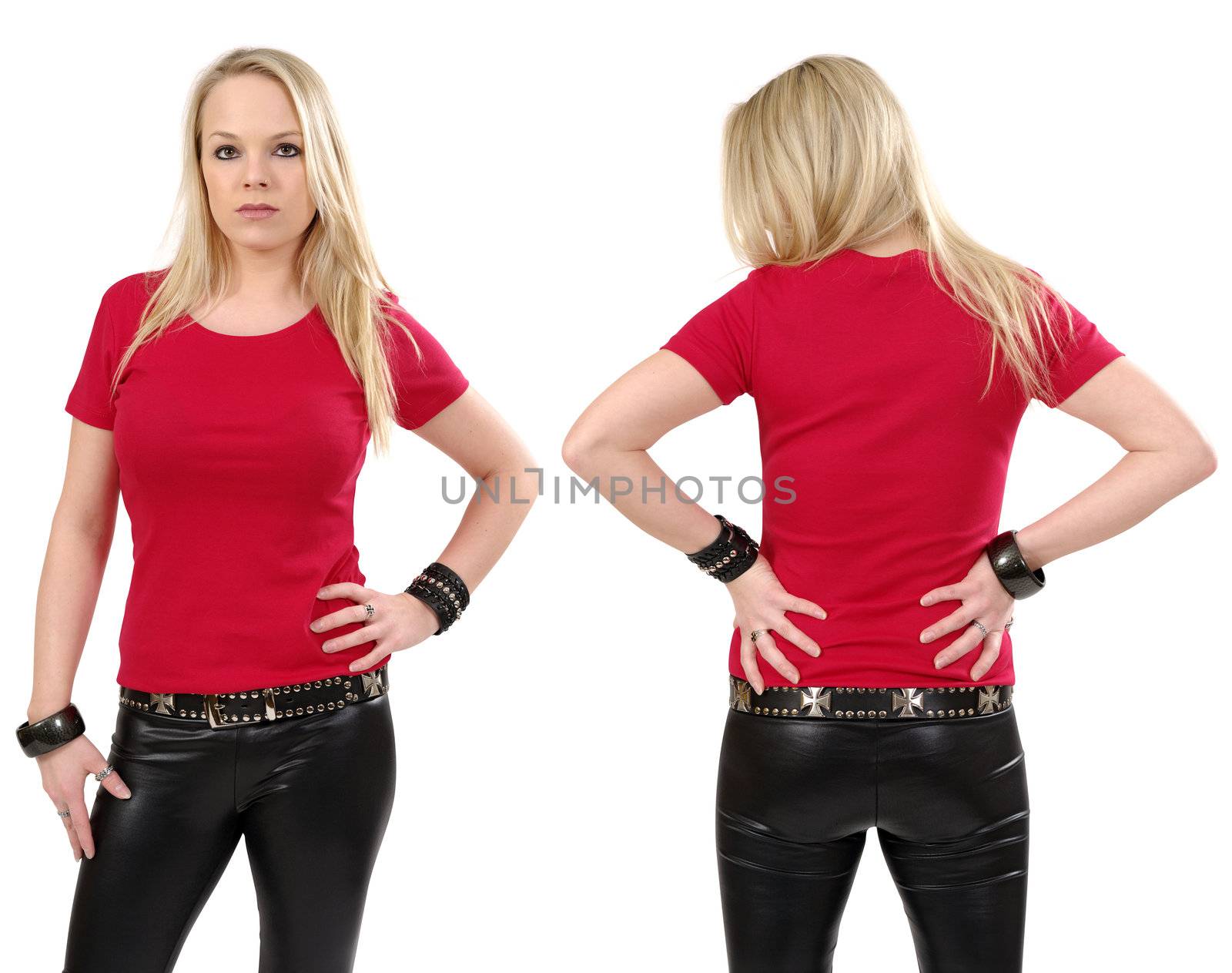 Young beautiful blond female posing with a blank red t-shirt, front and back view. Ready for your design or artwork.