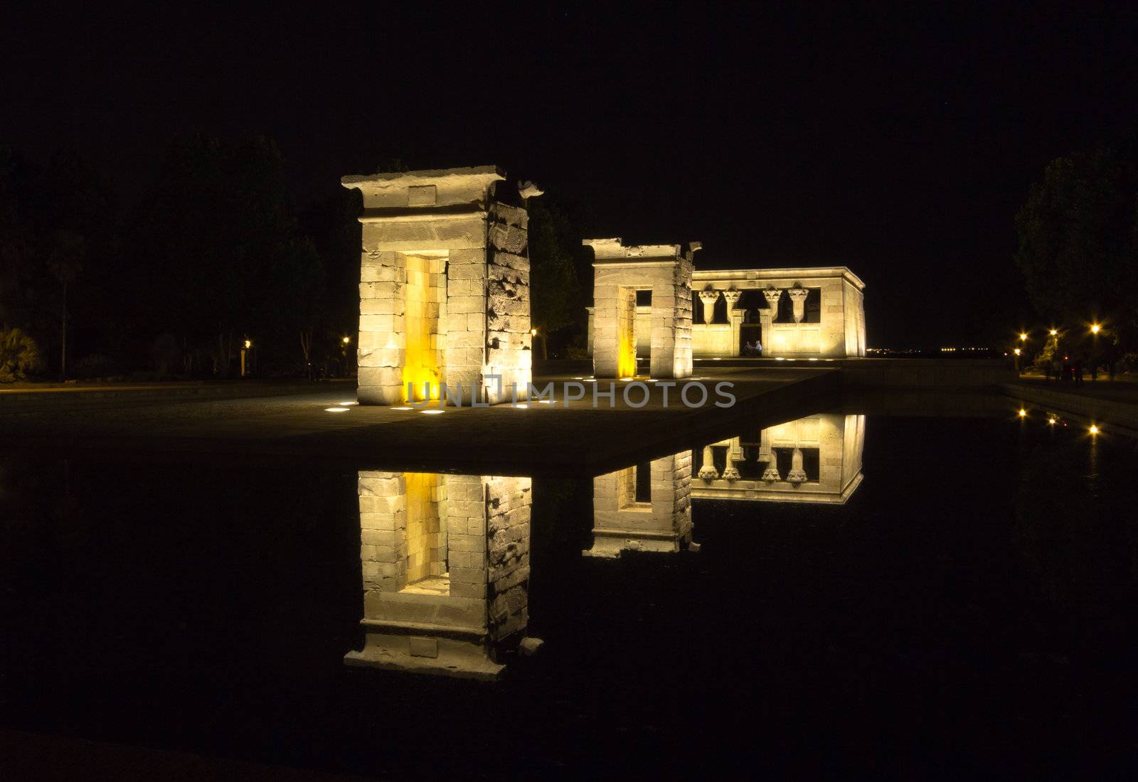 Night view of Debod's Temple in Madrid, Spain