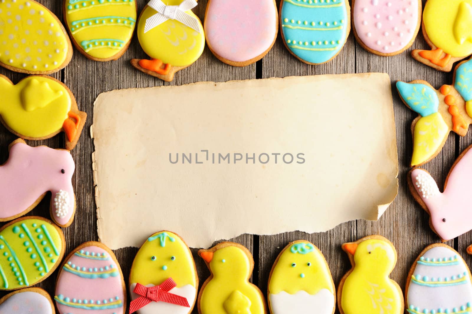 Easter homemade gingerbread cookie over wooden table