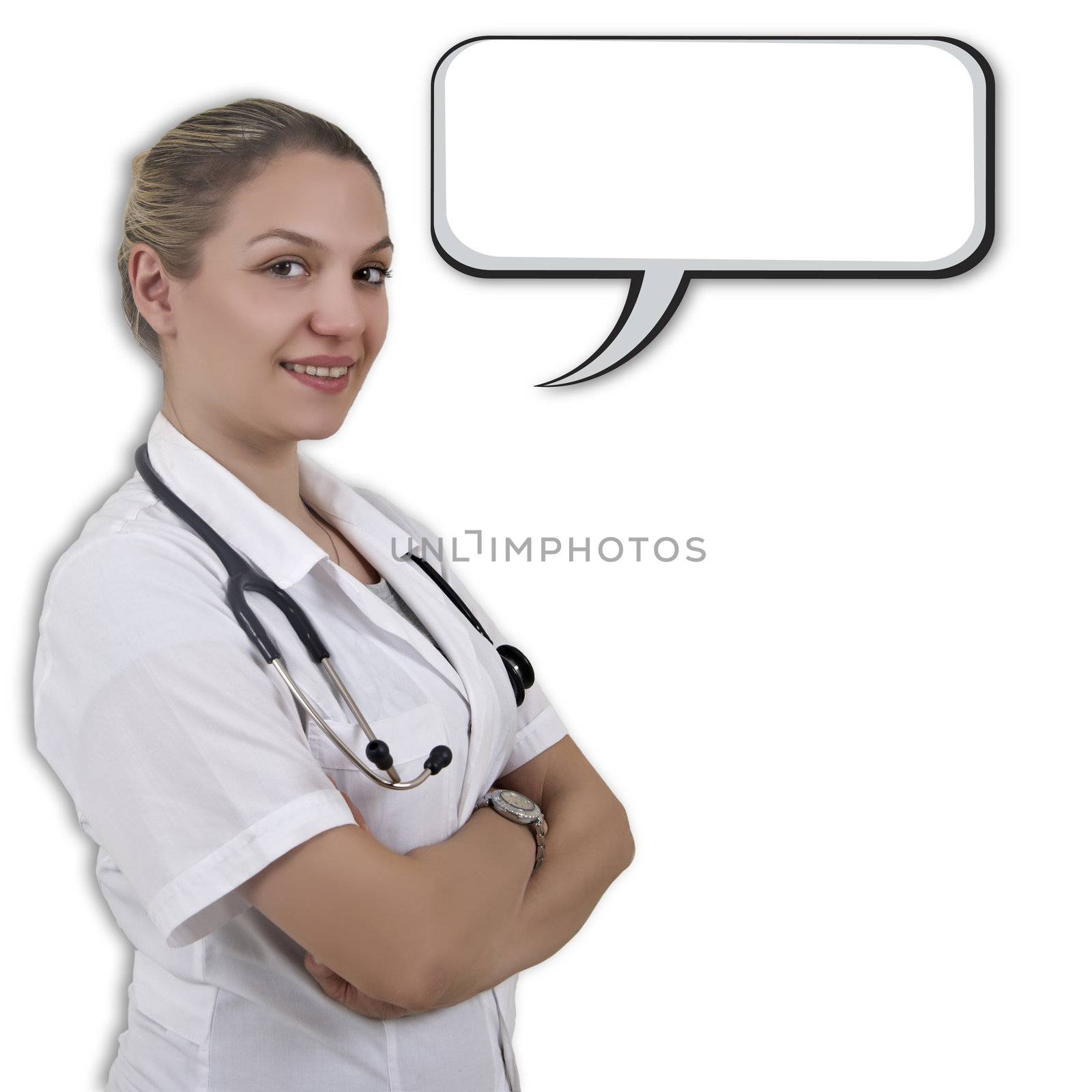 Female doctor with empty speech bubble by pencap