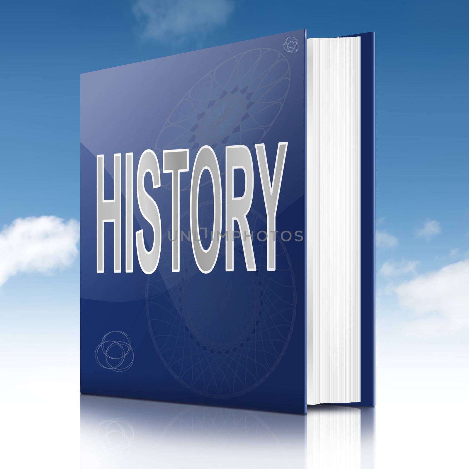 Illustration depicting a text book with a history concept title. White background.