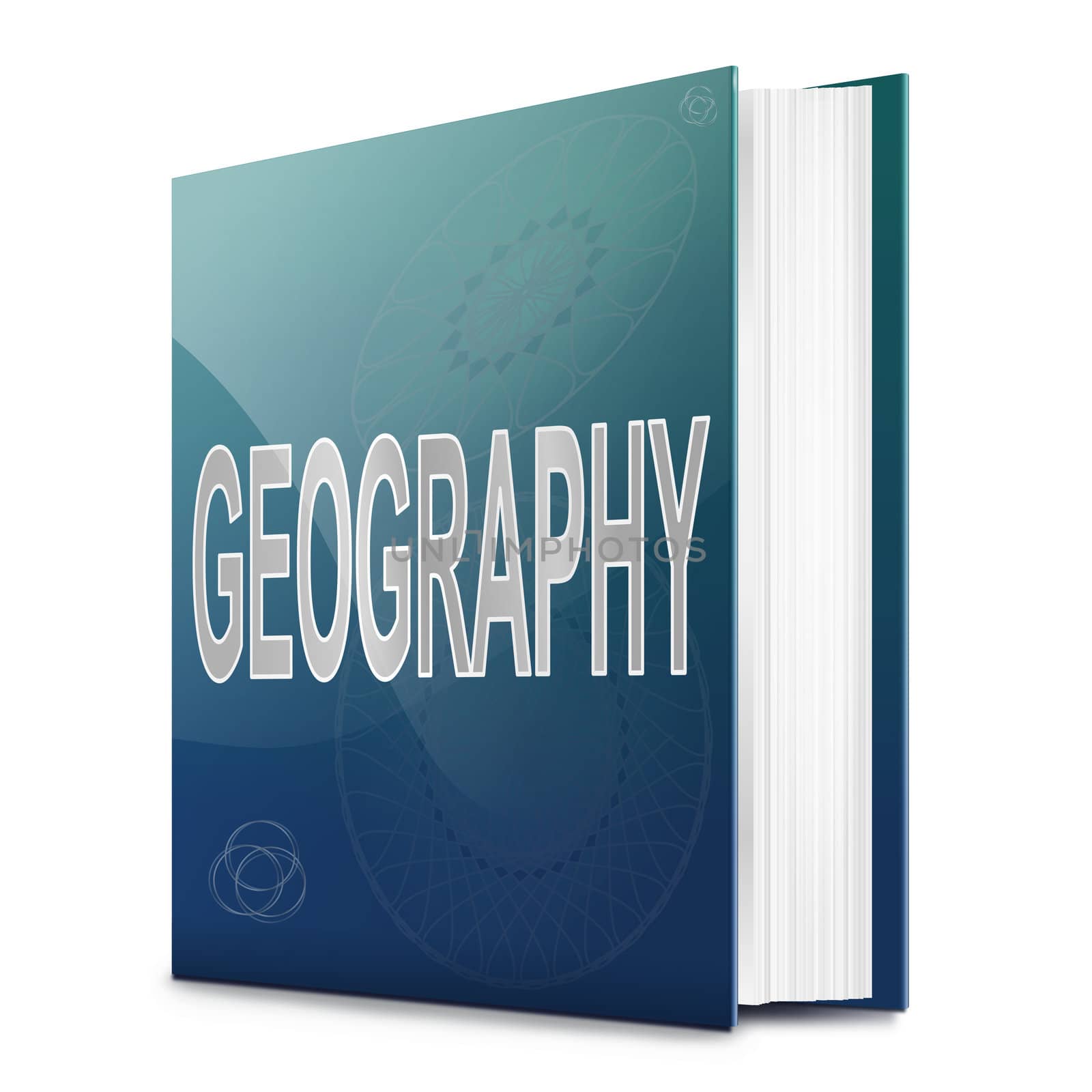 Illustration depicting a text book with a geography concept title. White background.