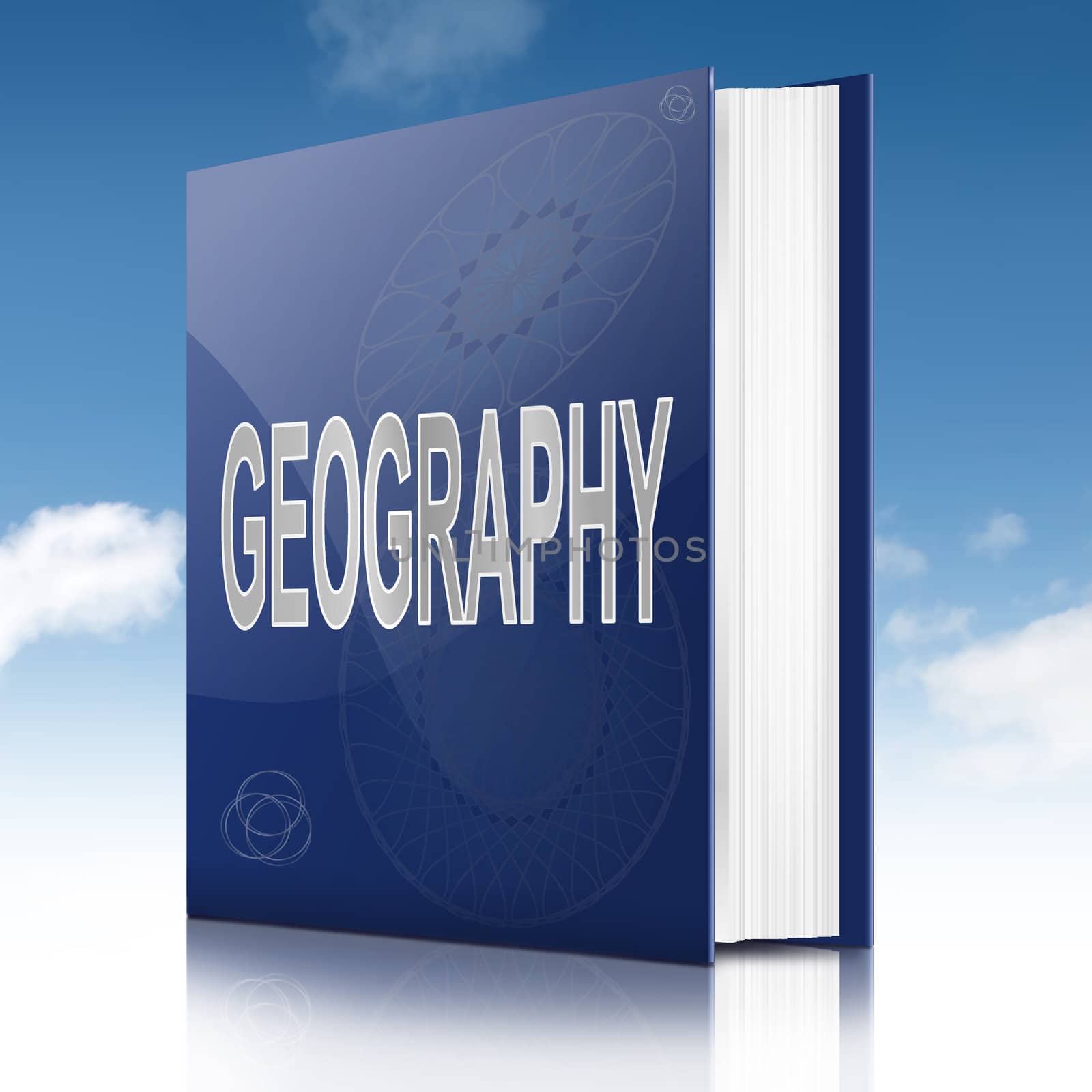 Illustration depicting a text book with a geography concept title. Sky background.