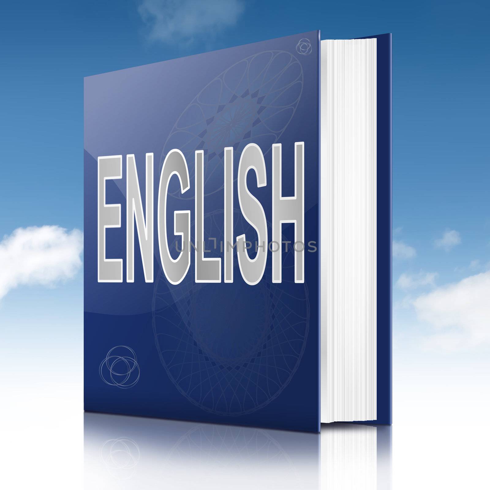 Illustration depicting a text book with an English concept title. White background.