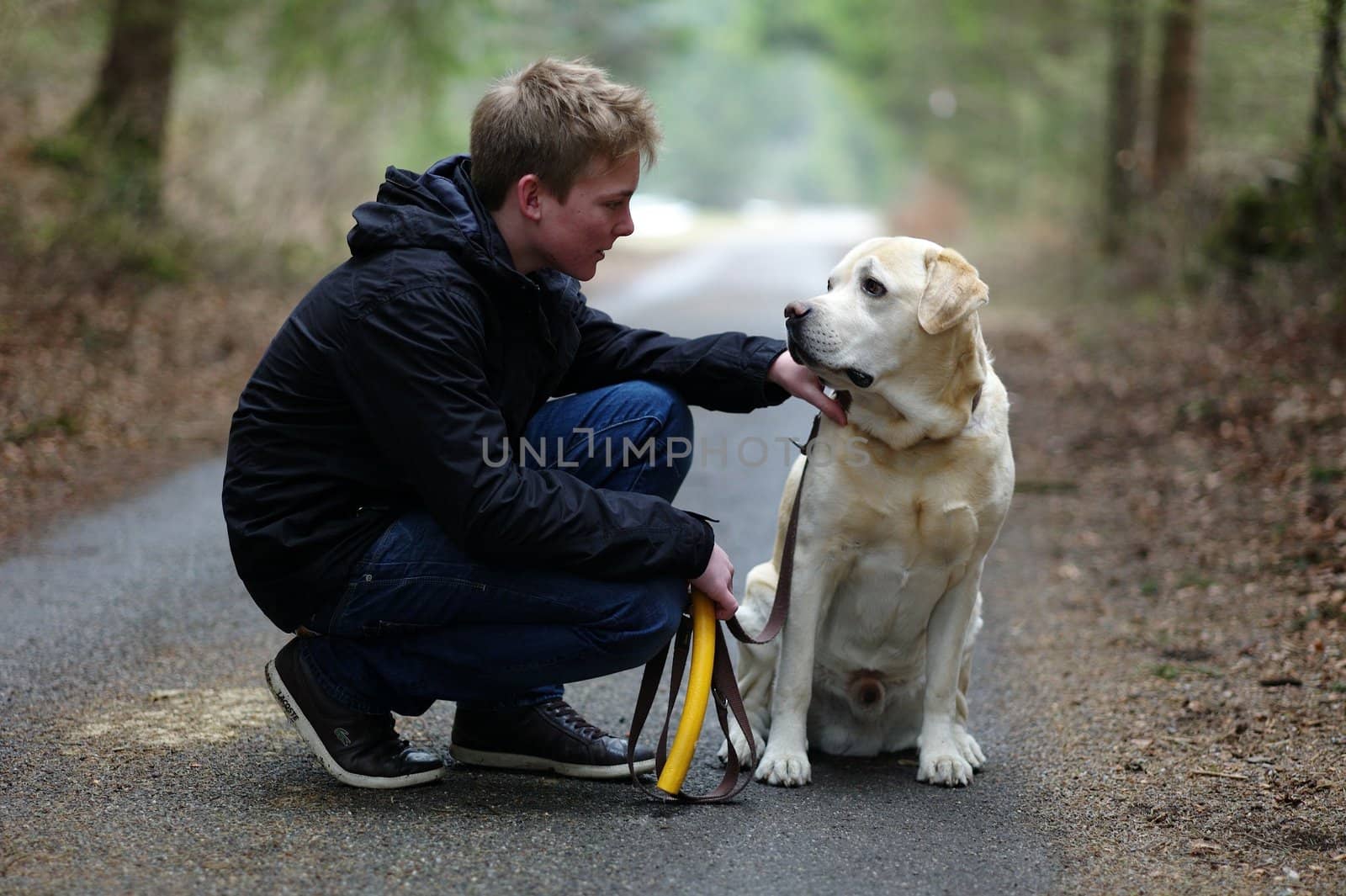 Young boy with his labrador in the forest