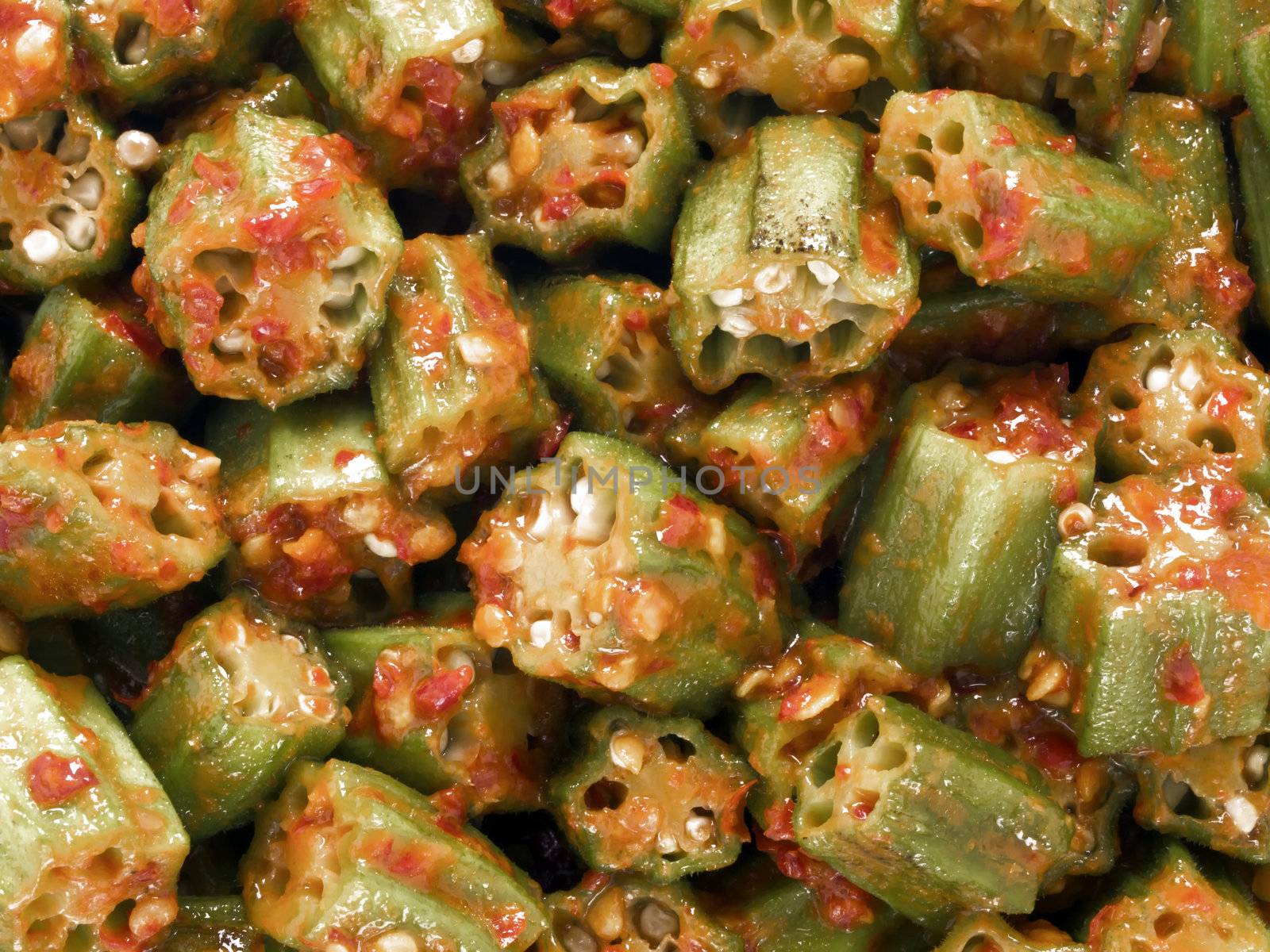 close up of okra in chili shrimp paste food background