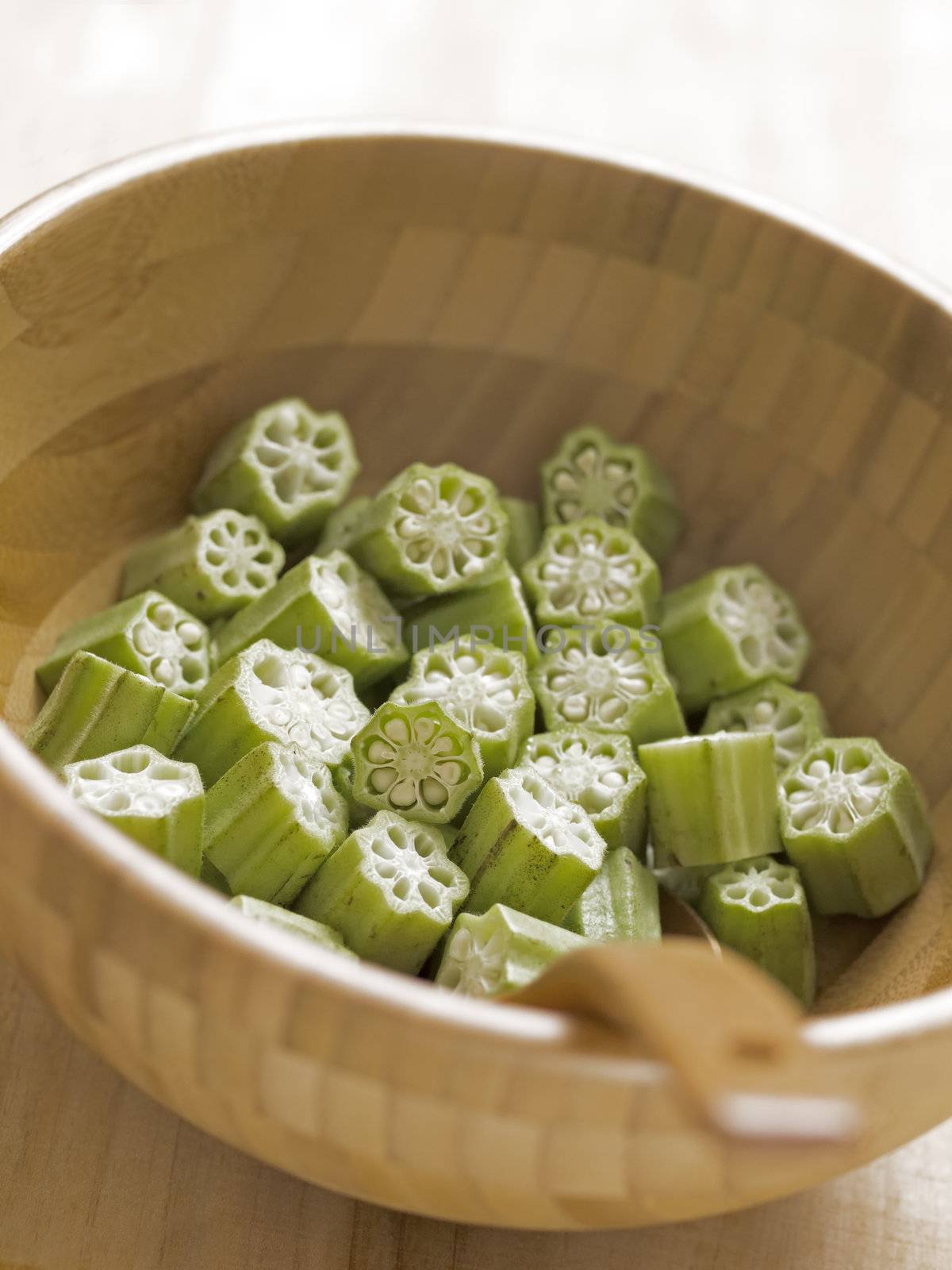 close up of a bowl of cut okra