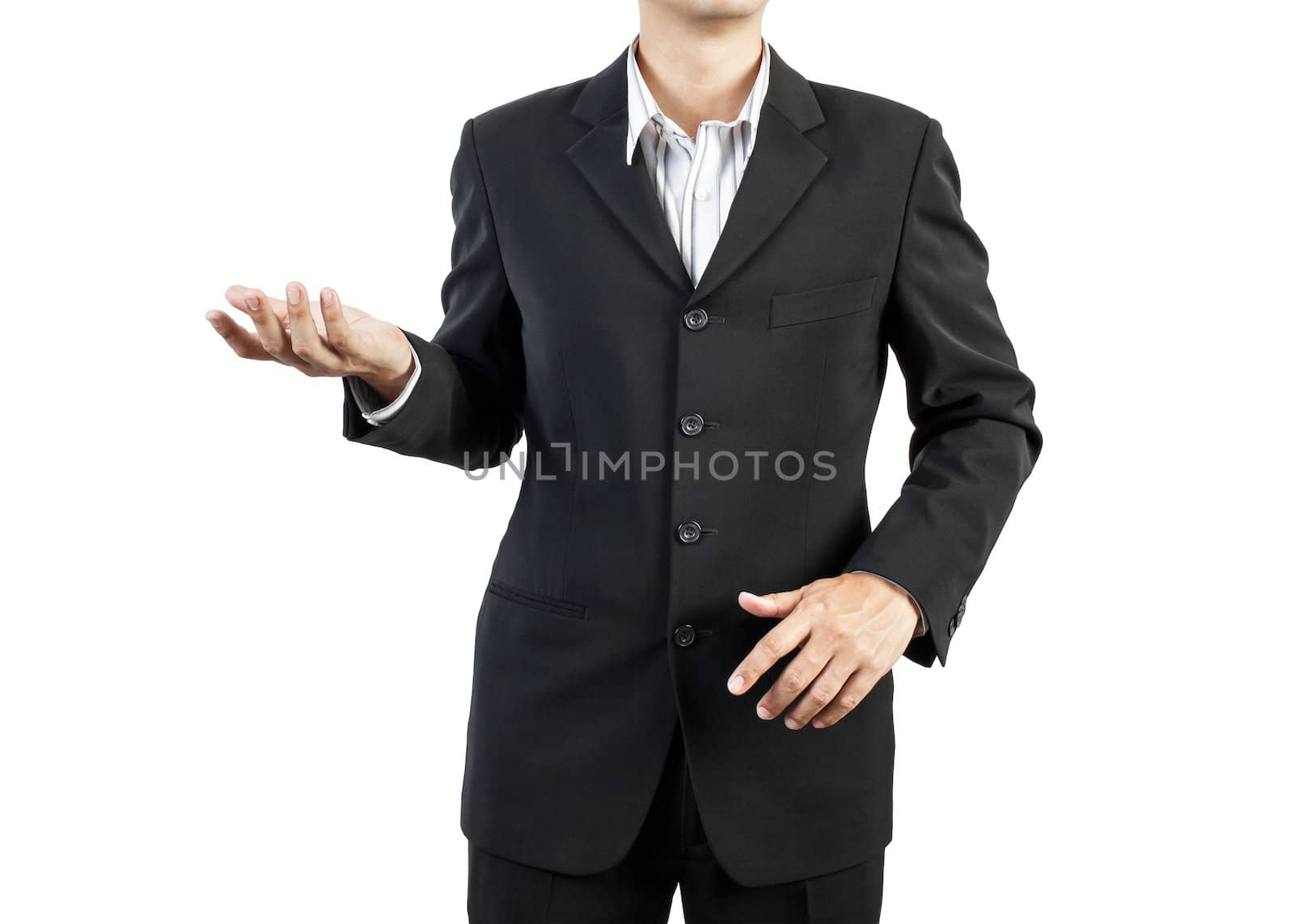 business man standing and presents on white background  by FrameAngel