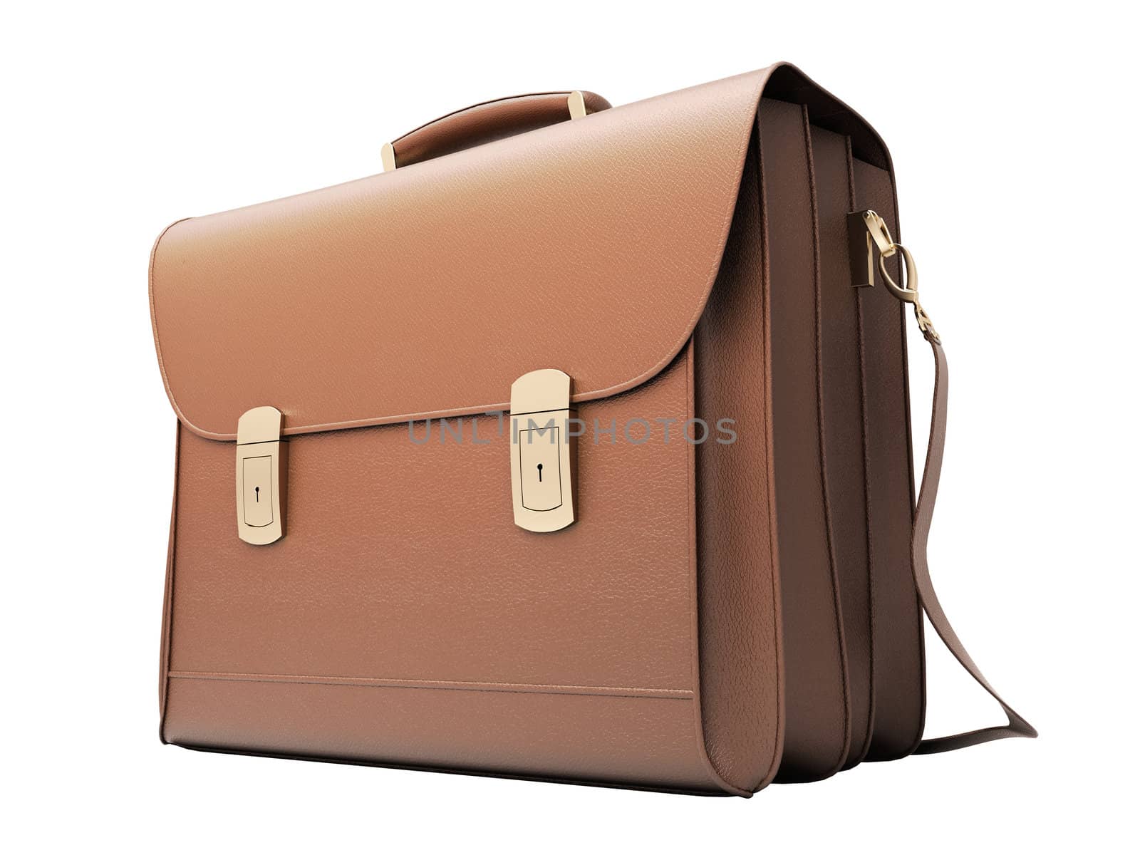 Brown business briefcase isolated on white background. Material - skin